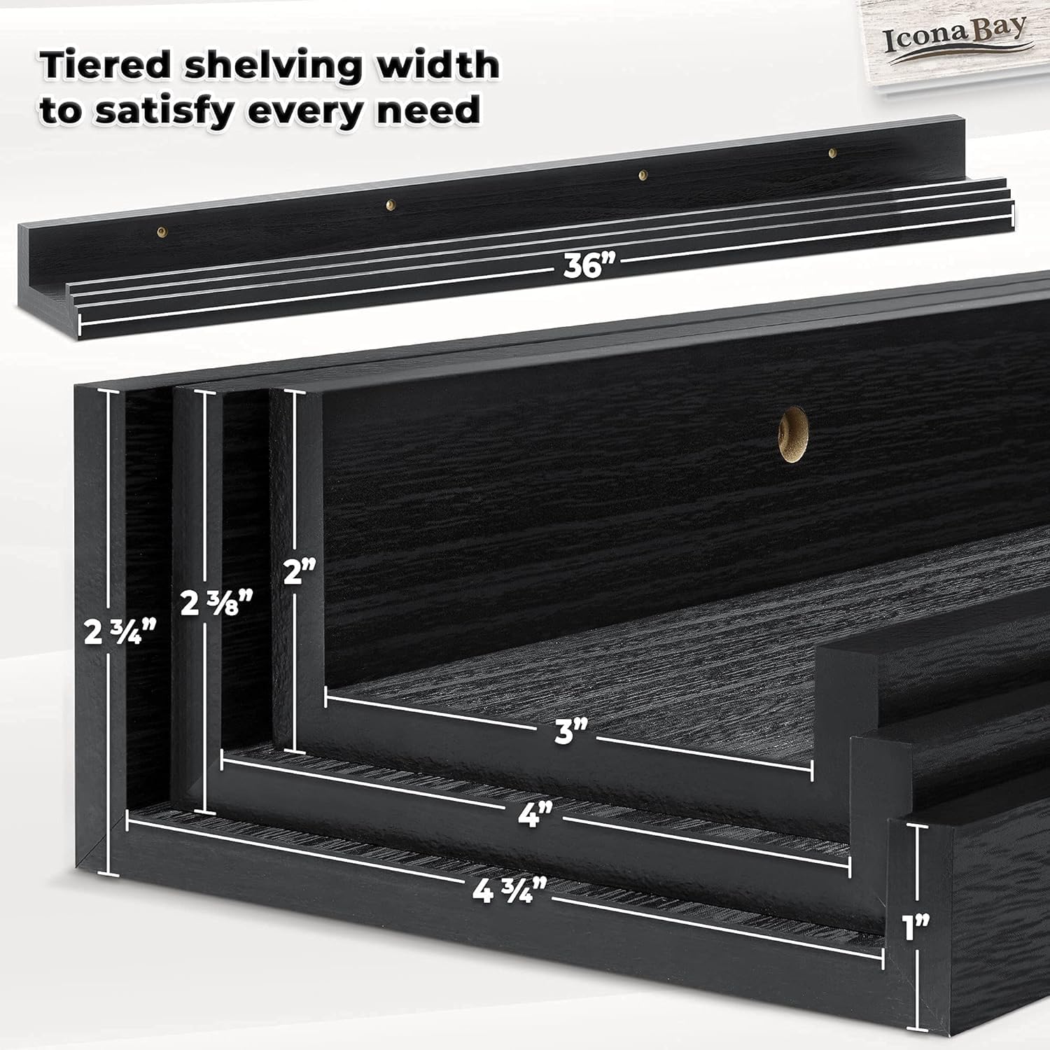 36 Inch (91 cm) Floating Shelves for Wall, Set of 3 in Ebony Black, Modern Rustic Style, Wall Mounted Display Shelves, Picture Ledges by Icona Bay