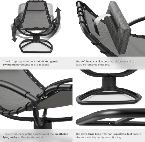 TecTake® Sun Lounger with Rocking Function, Ergonomic Garden Chair with Breathable Fabric, Thick Head Cushion, Curved Armrests & Sturdy Steel Frame, Outdoor Chair for Garden, Patio, Balcony - Grey