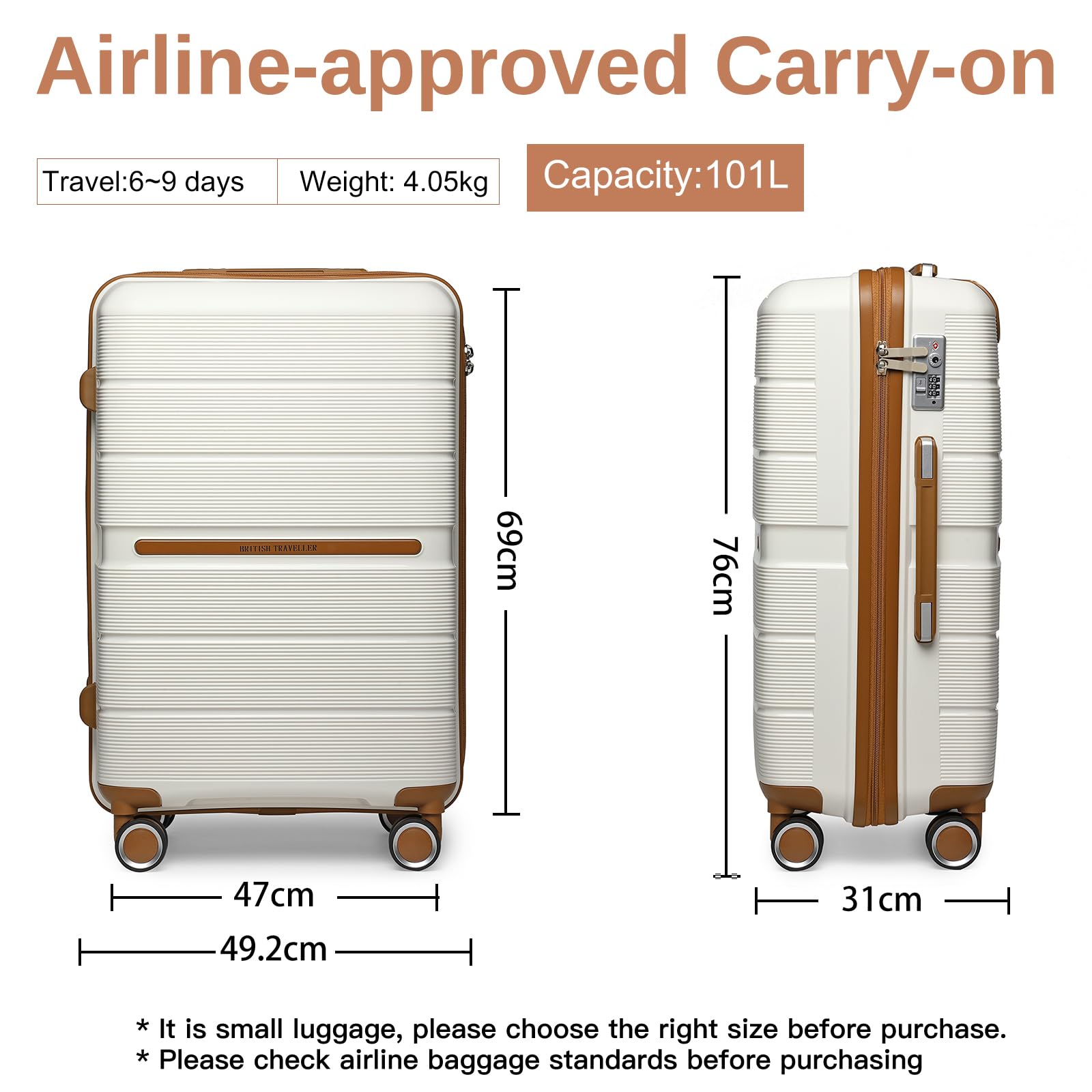 British Traveller 24" Medium Suitcase Lightweight Polypropylene Hard Shell Luggage Hold Check in Suitcase with 4 Wheels and Built-in TSA Lock(Navy, 66cm 60L)