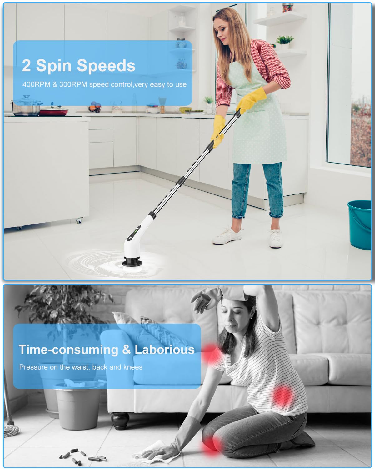 Leebein Electric Spin Scrubber, Cordless Cleaning Brush with 8 Replaceable Brush Heads, Extendable Long Handle Bathroom Cleaning Scrubber, 300/400RPM Spin Scrubber for Bathroom Kitchen Floor Tile