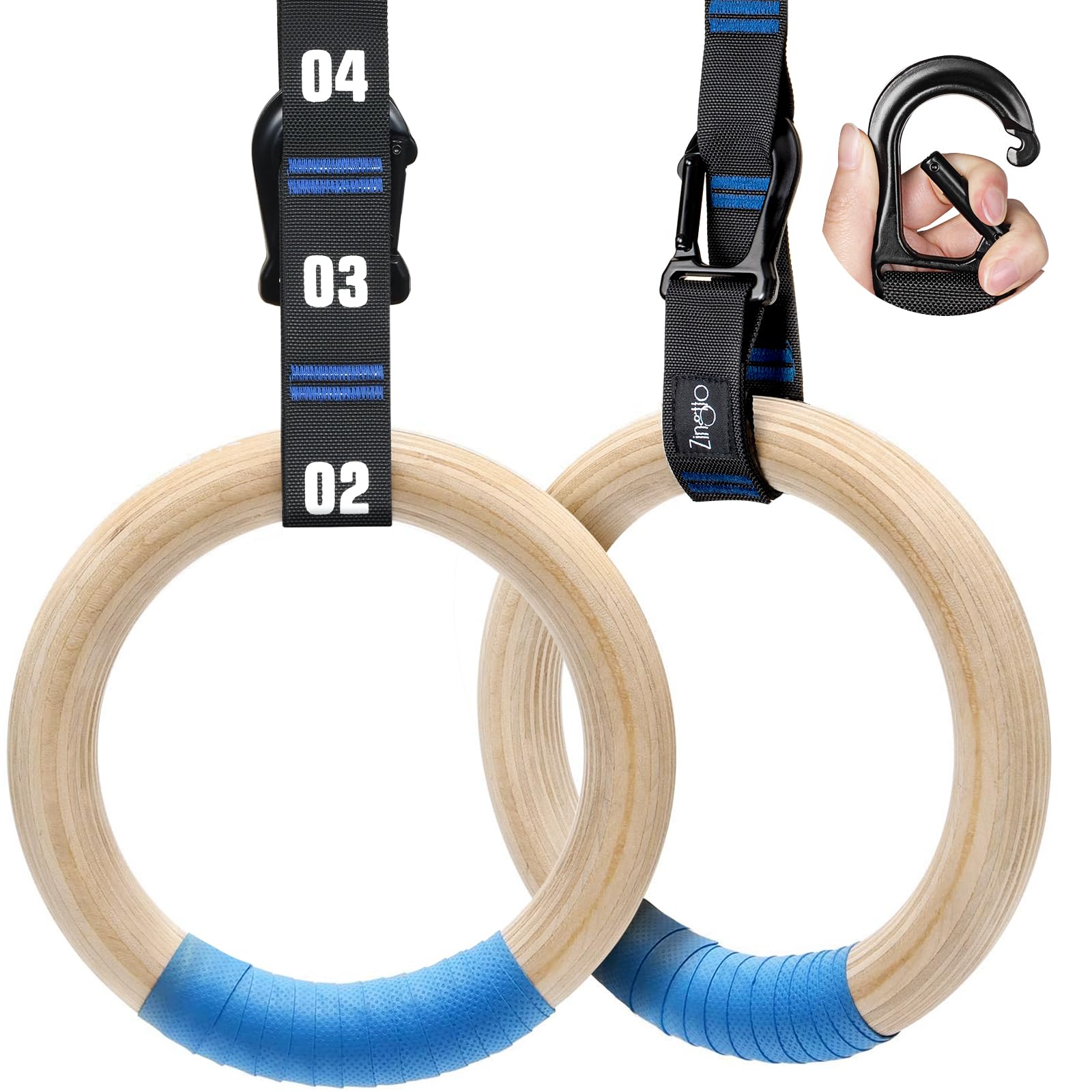 Zingtto Wooden Gymnastic Rings with Adjustable Numbered Straps. 1.25'' Olympic Rings for Core Workout, Crossfit, Bodyweight Training. Home Gym Rings