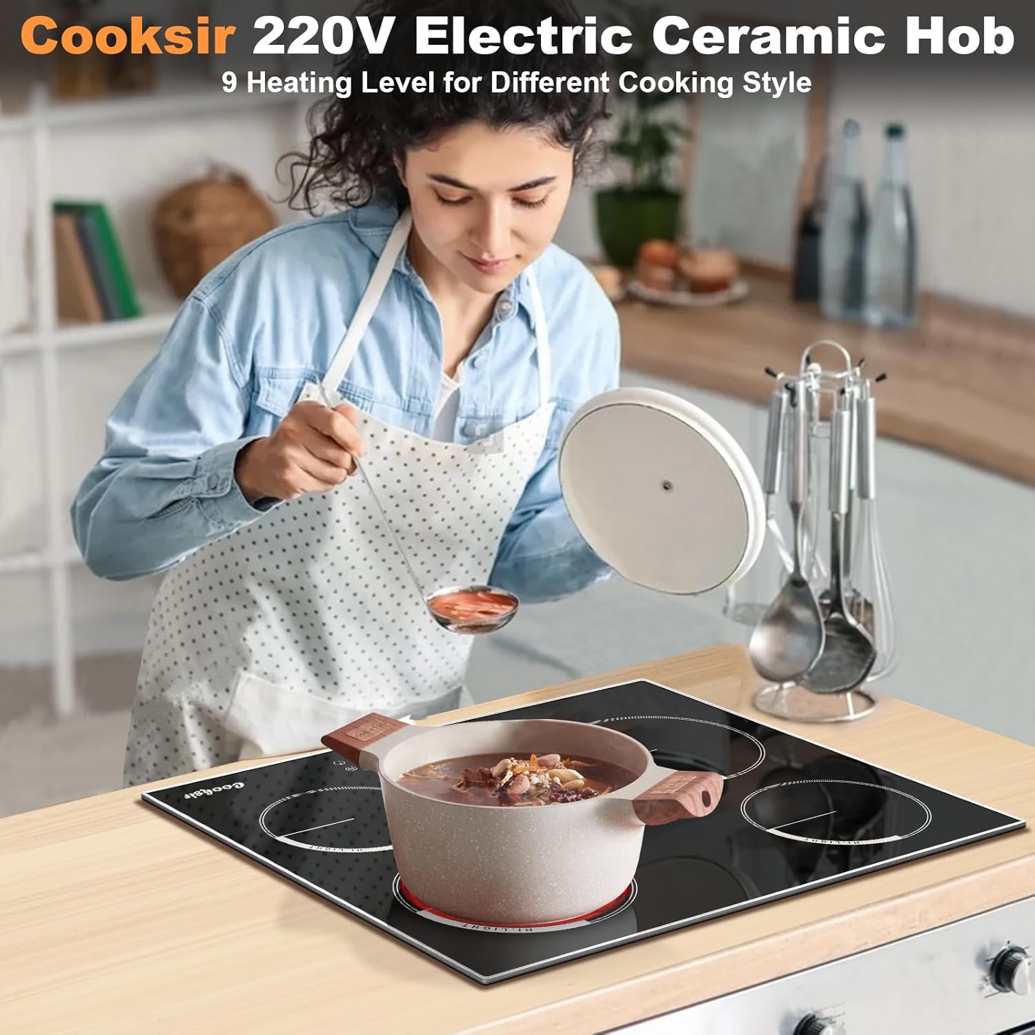 Cooksir Electric Hob 60cm, Ceramic Hob 4 Ring 6700W, Electric Hob 4 Zone with Expandable Dual and Oval Zone, Built-in Hob with Frame, Timer, Safety Lock, 220-240V(No Plug)