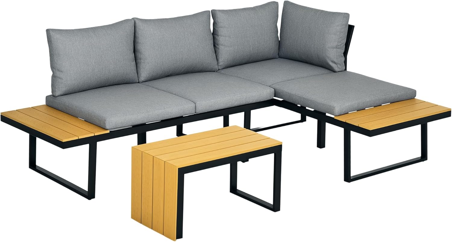 Outsunny 3 Pieces Patio Furniture Set, Outdoor Garden Sofa Conversation Set w/Padded Cushions, Wood Grain Plastic Top Table and Side Panel, Dark Grey