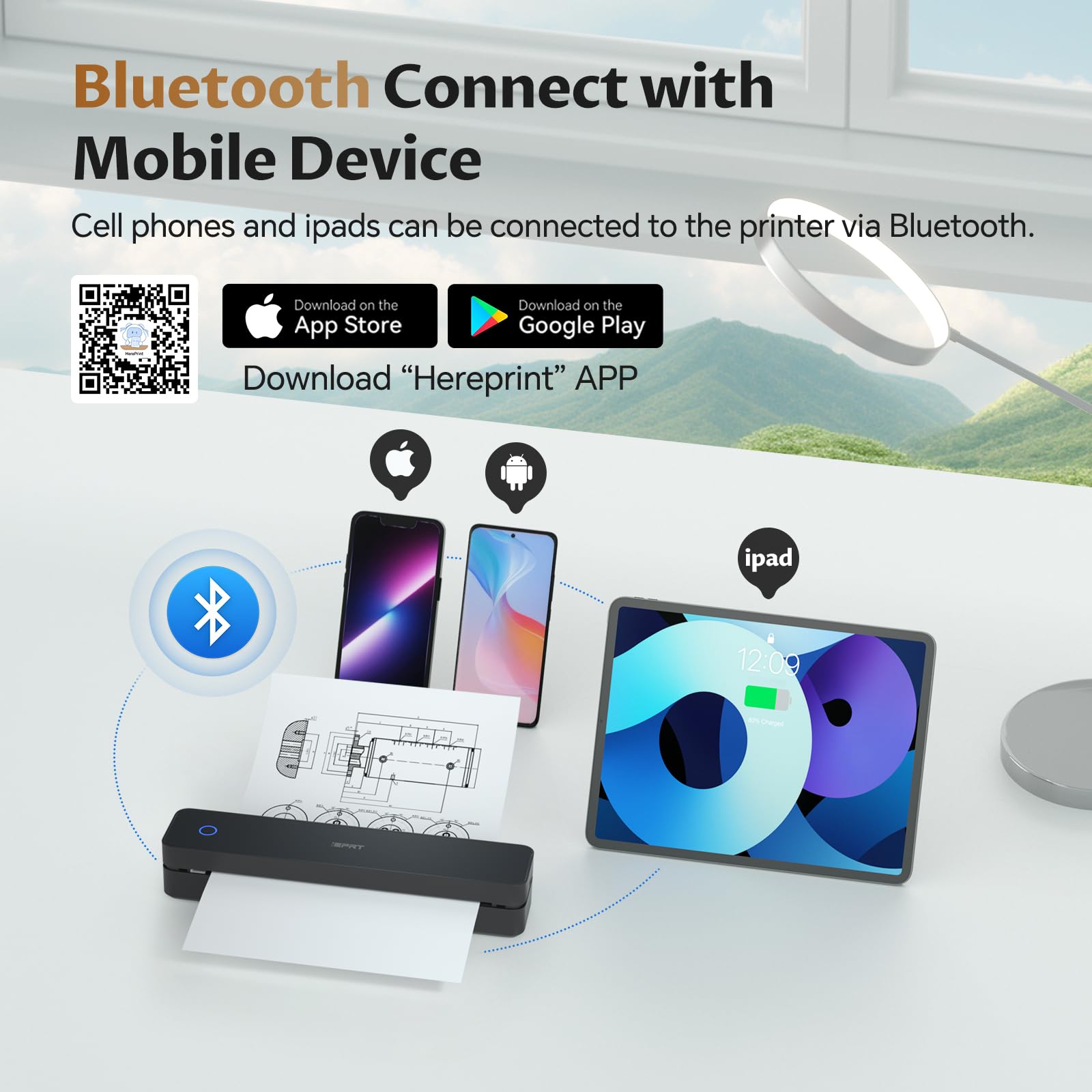 iDPRT Portable Thermal Printer,Wireless Printer for Travel Support A4&A5 Thermal Paper, Bluetooth Inkless Printers Compatible with Android and iOS Phone&Laptop,Black