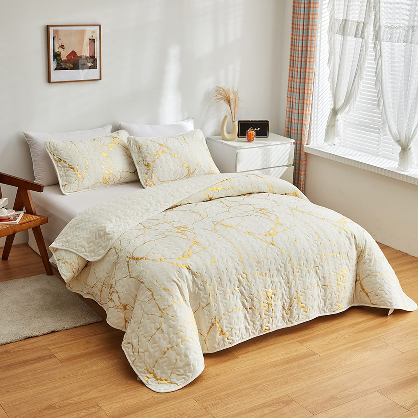 HAVOP Bedspread King Size Set Beige Quilted Bedspreads Luxury Gold Marble Printed Beige Ivory Soft Microfiber Lightweight Bedspread Coverlet All