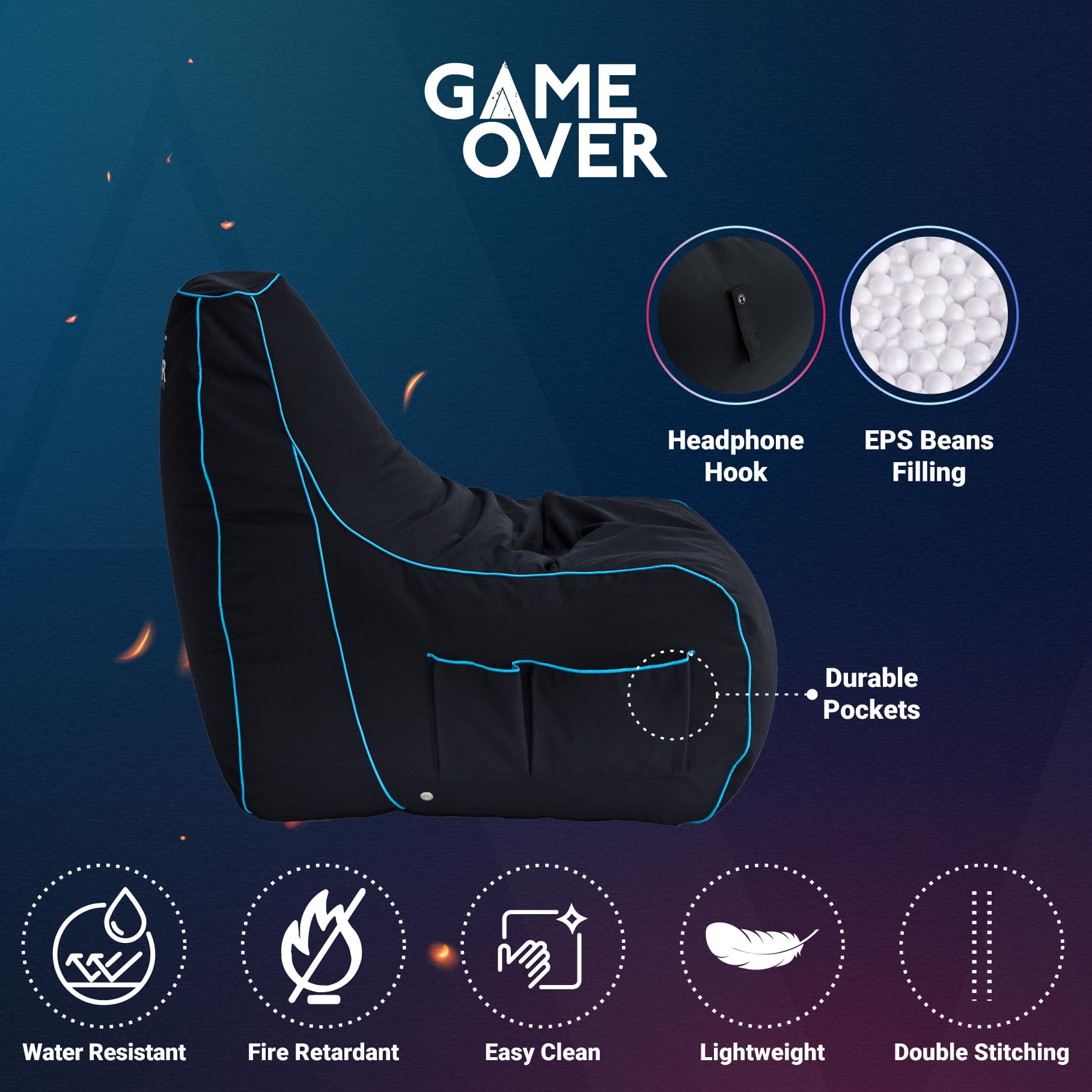 Game Over Lich Blade Video Gaming Bean Bag Chair | Indoor Living Room | Side Pockets for Controllers | Headset Holder | Ergonomic Design for the Dedicated Gamer