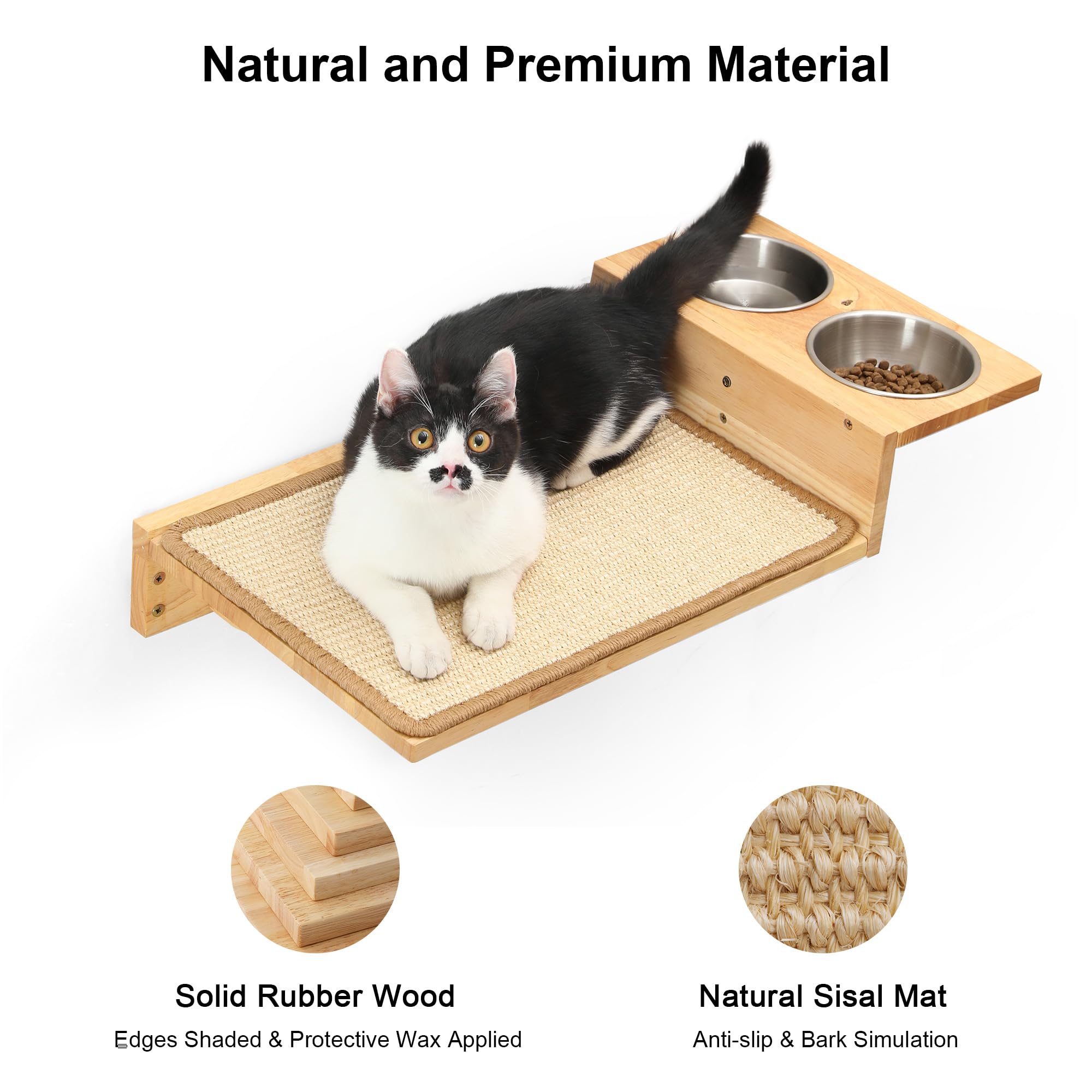 FUKUMARU Cat Wall Shelves, 3 in 1 Cat Wall Furniture Set, Cat Food Station with 2 Wall Steps, Solid Rubber Wood Cat Perch, Suitable for Cats Play,