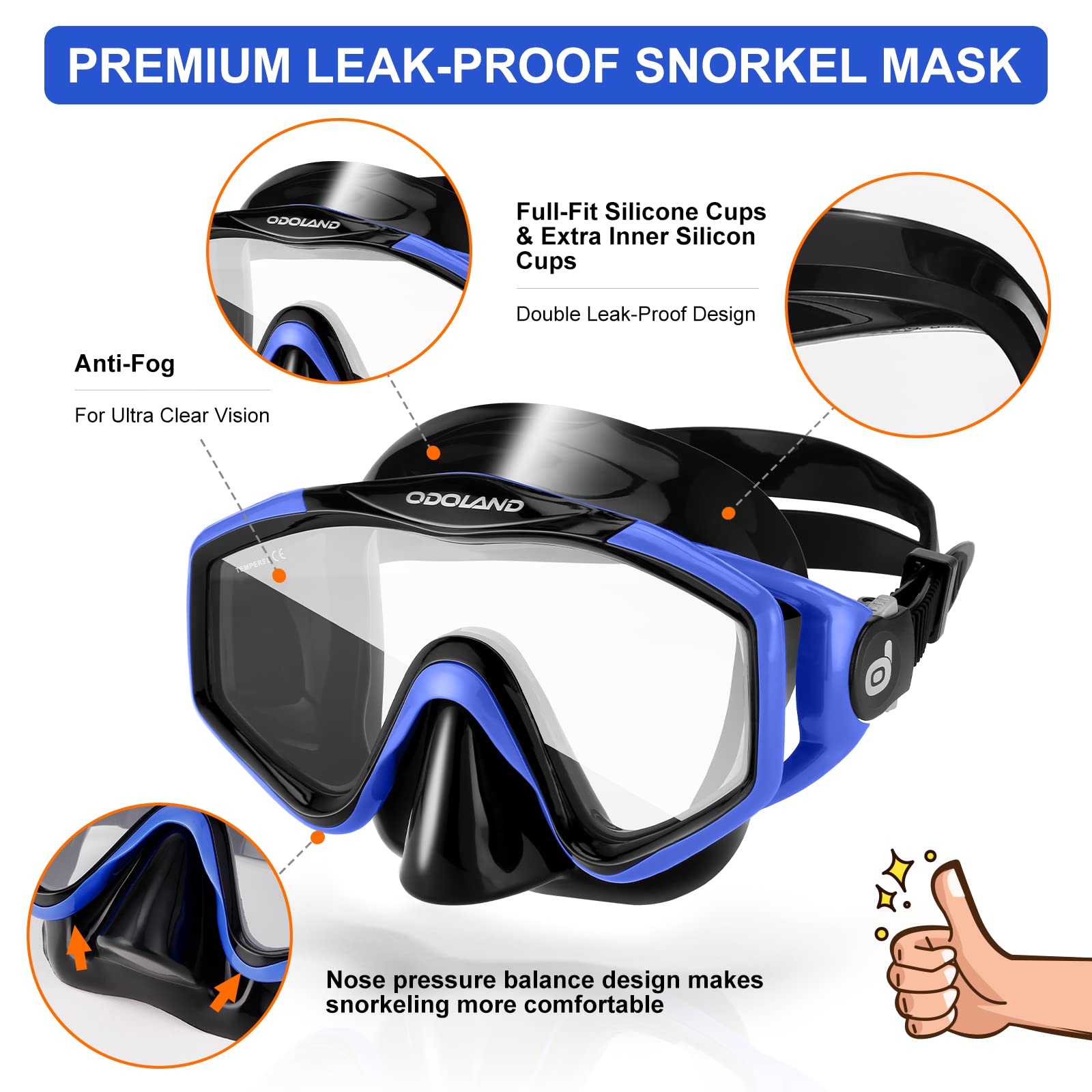 Odoland Snorkel Set with Diving Mask and Swim Fins, Wide View Dry Top Scuba and Flippers, Anti-Fog Anti-Leak Snorkeling Gear for Men Women Adult and