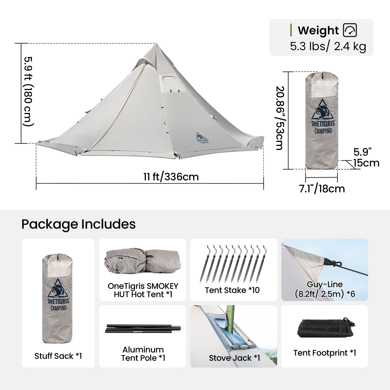 OneTigris Smokey HUT Hot Tent with Stove Jack, Ultralight 4 Season Tipi Tent with Snow Skirt & Detachable Floor for Camping, Hiking, Bushcraft, Backpacking