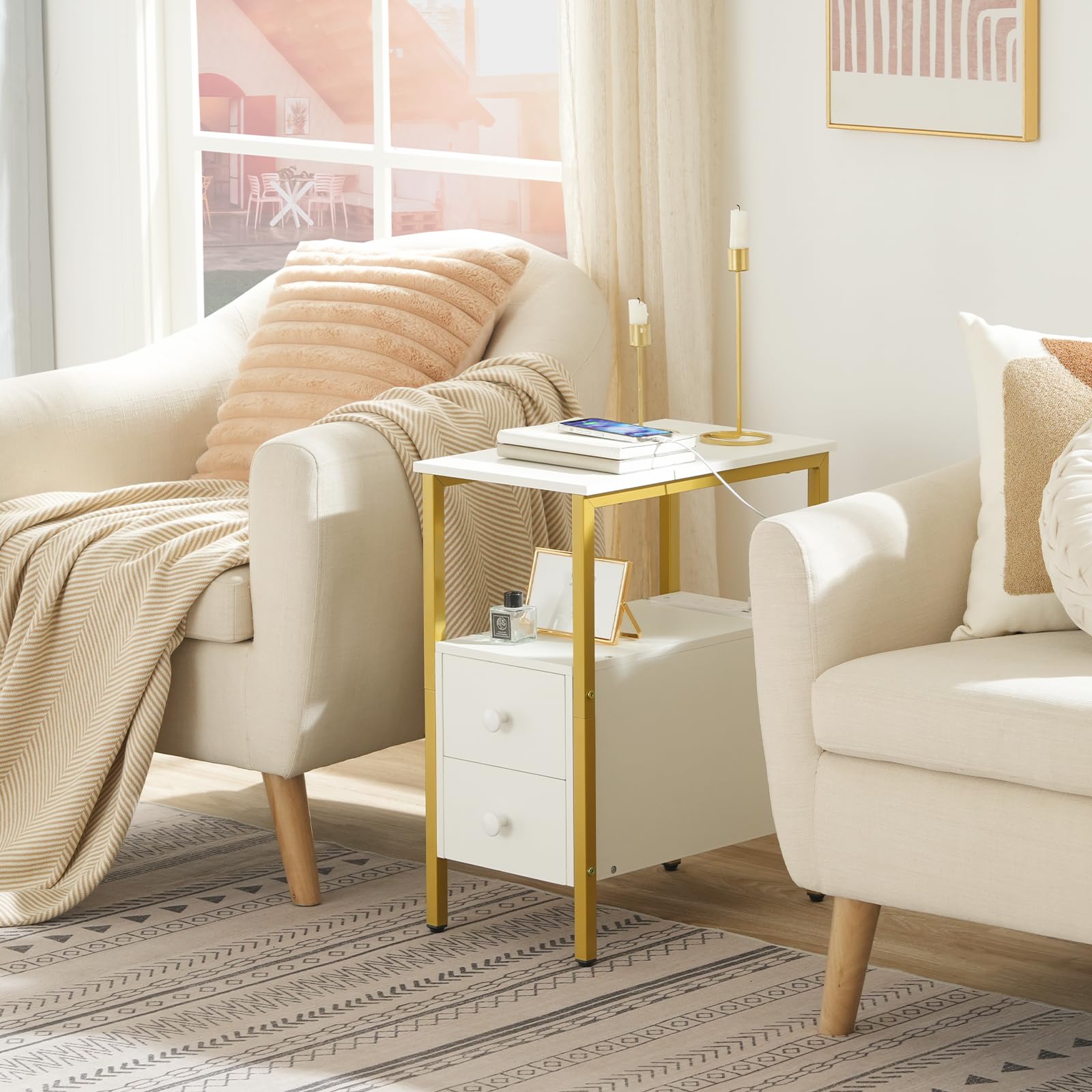 HOOBRO Side Table, Narrow Bedside Table with Charging Station, USB Ports and Power Outlets, Slim Side Table for Small Spaces, 2 Drawers, Industrial