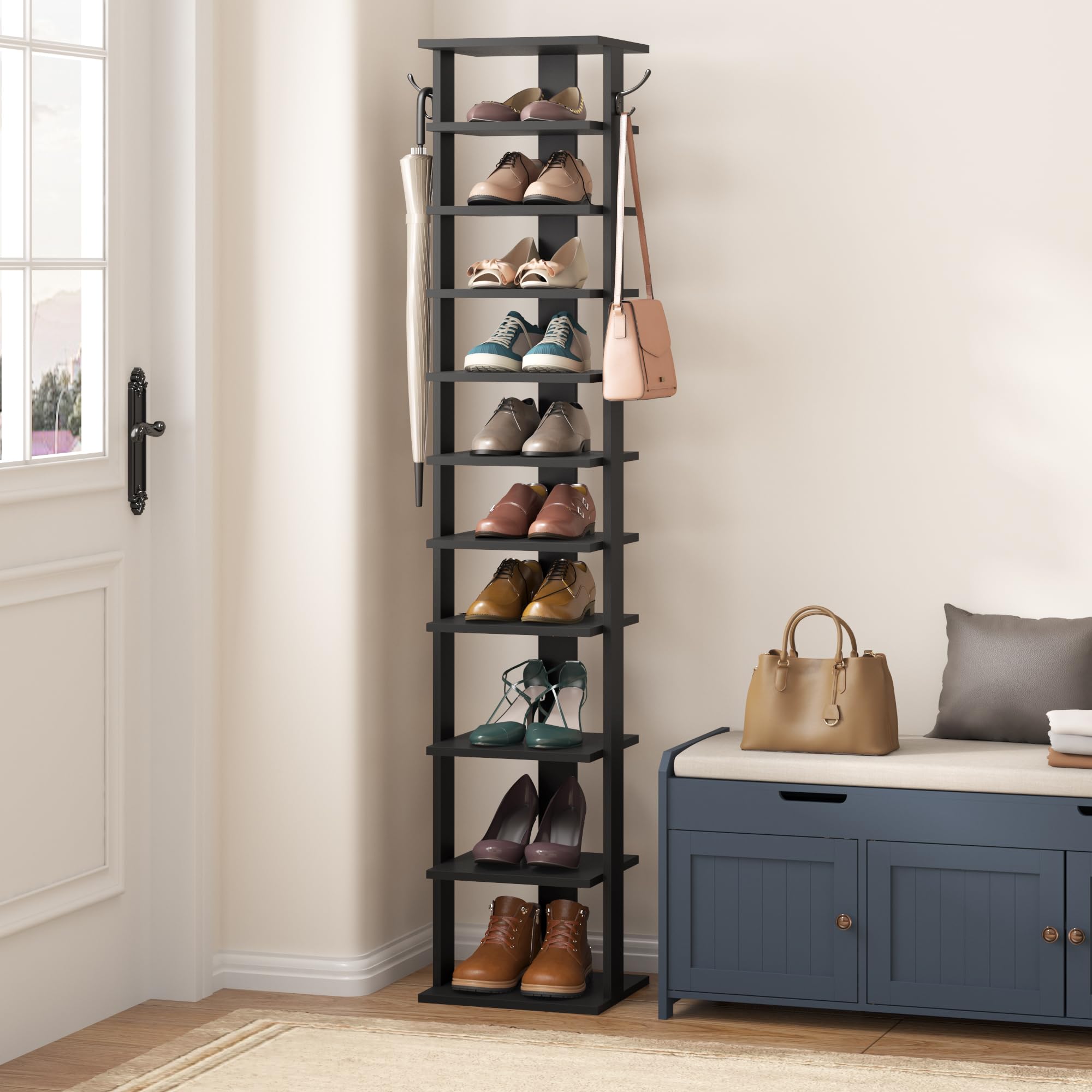 HOME BI 10-Tier Vertical Shoe Rack, Corner Shoe Tower, Slim Shoe Organizer with Two Hanging Hooks, Wooden Shoe Storage Stand for Entryway, Hallway,