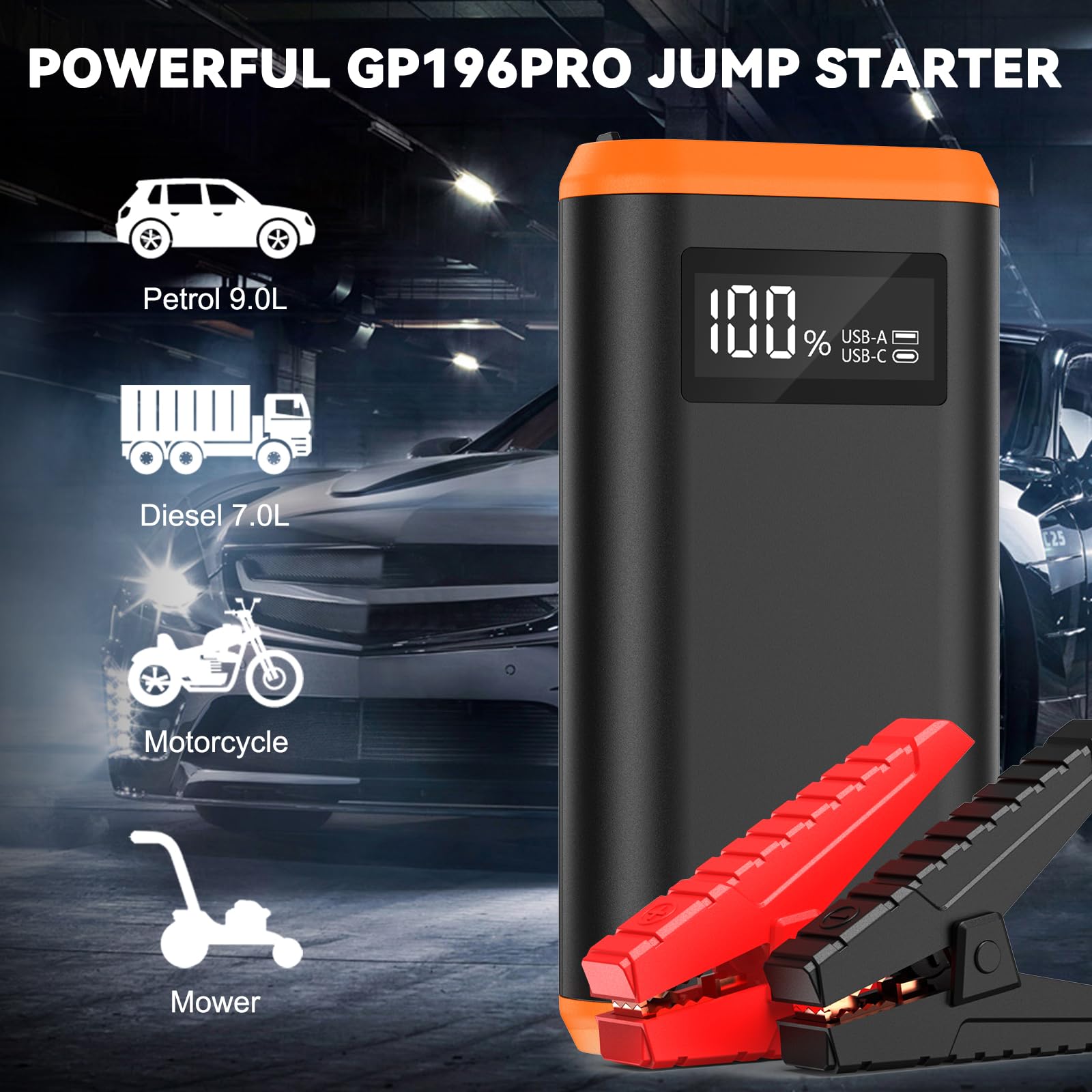 GREPRO Jump Starter Power Pack (up to 6.5L Gas, 4.0L Diesel), 2000A Car Battery Booster Jump Starter and Jump Pack for 12V Vehicles, Motorcycle, Jump Starter with LCD Screen and LED Flashlight