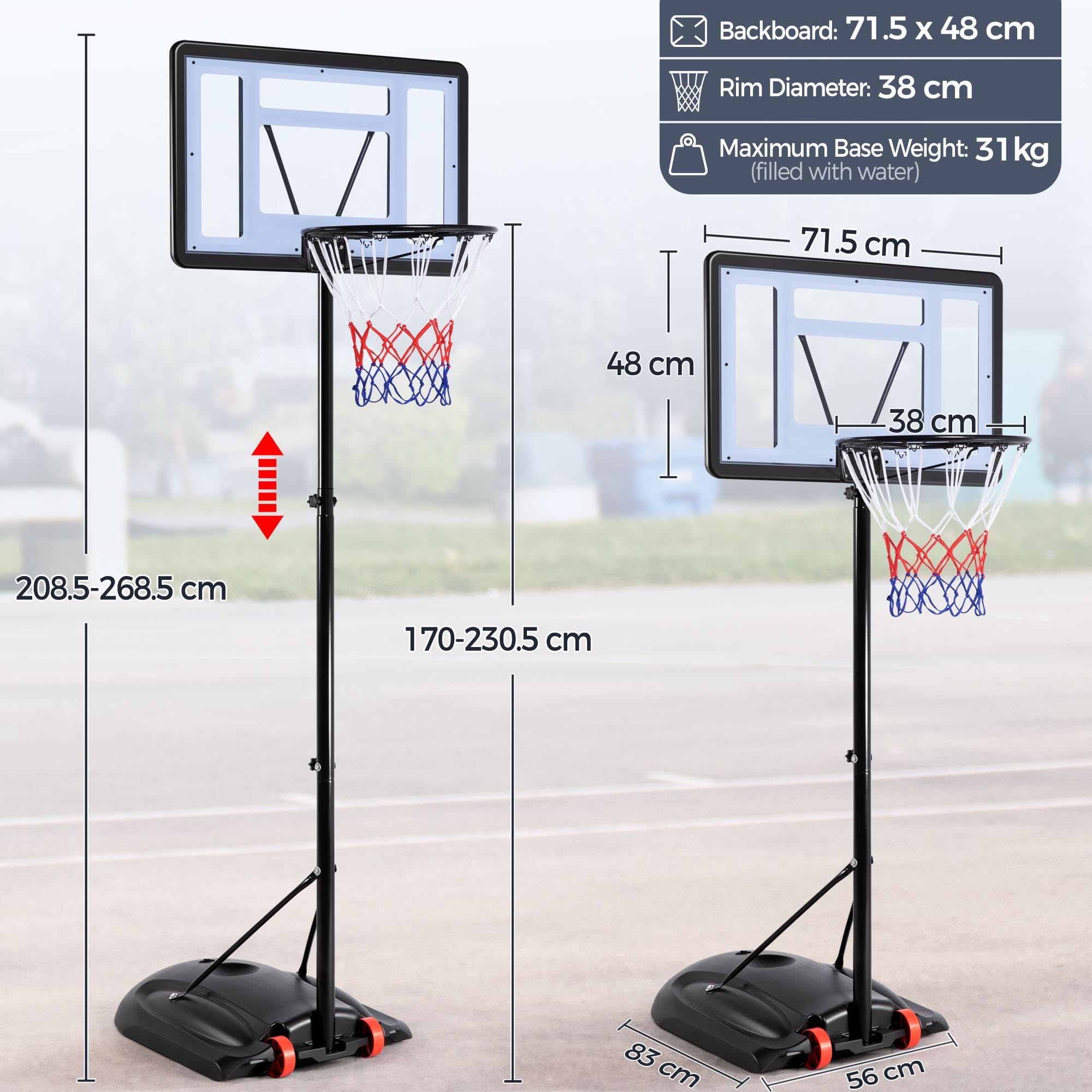 Yaheetech Outdoor Adjustable Basketball Stand, Portable Basketball Hoop Net System on Wheels
