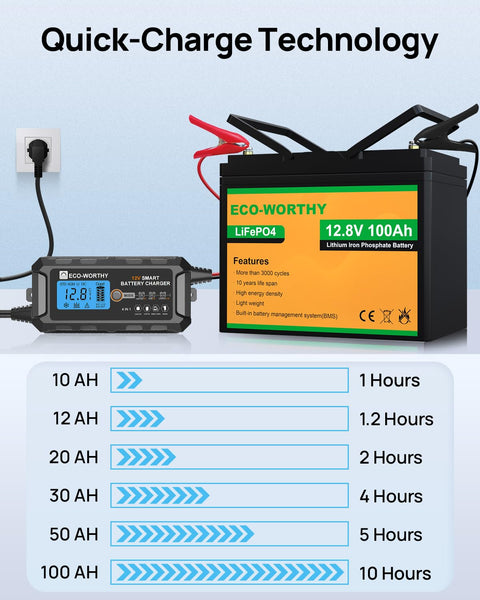 ECO-WORTHY 12V 10A LiFePO4 Battery Charger Automatic Smart and Maintainer (UK Plug) with LCD Display for Scooter Lead Acid and Lithium (LiFePO4) Battery