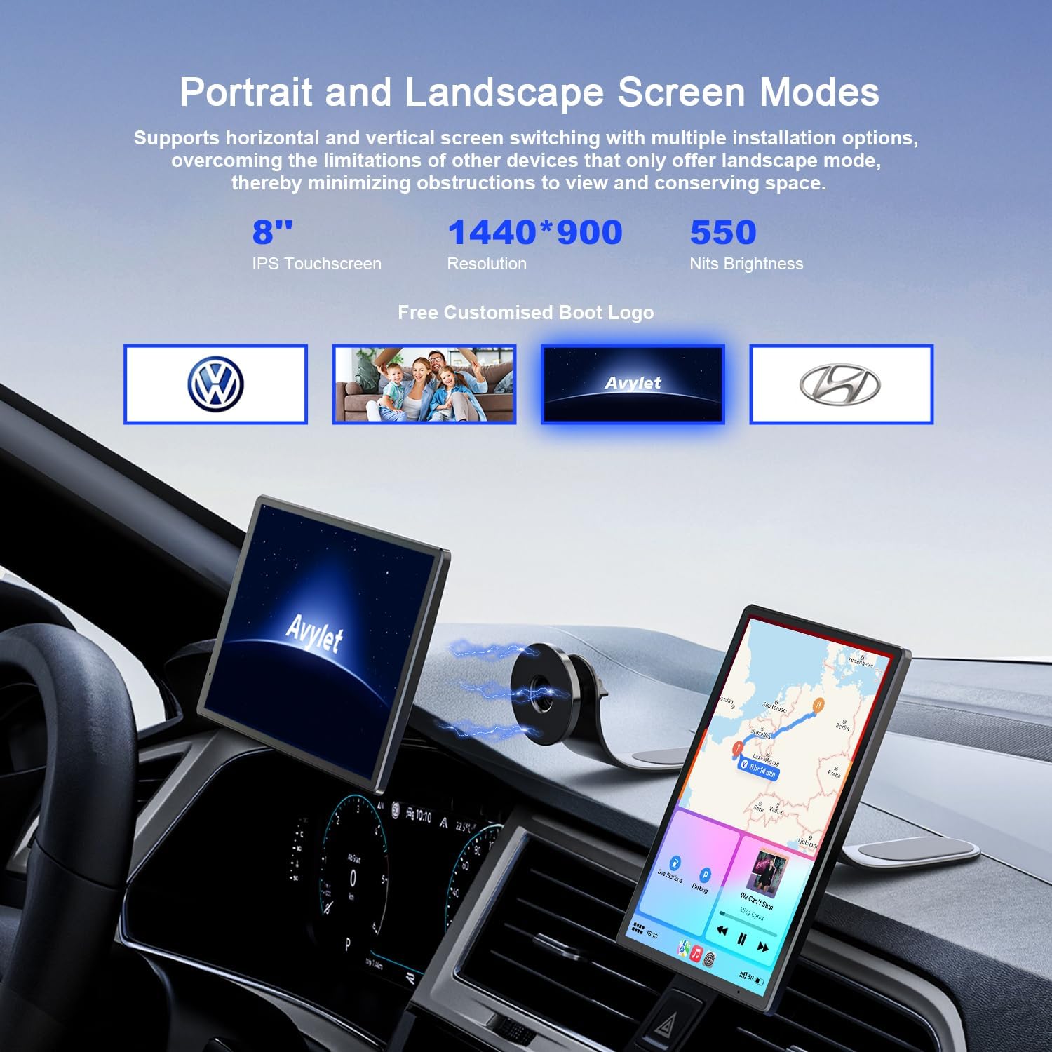 Avylet 8'' Wireless Car Stereo with Apple Carplay & Android Auto, Portrait & Landscape Screen, OTA, Magnetic Mount, Backup Camera, Car Radio, GPS Navigation, Bluetooth, Voice Control, Mirror Link