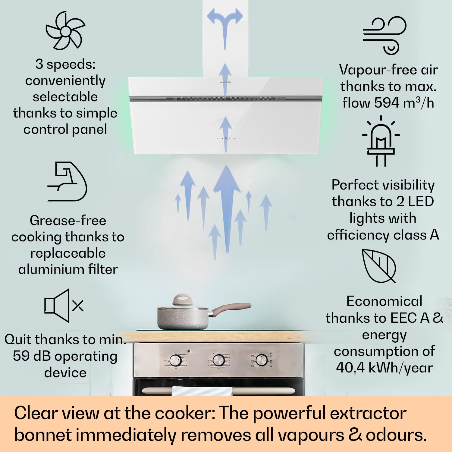 Klarstein Alina 90 Angled Cooker Hood - 600m³/h Air Flow, Touch Panel, LED Backlighting, Quiet 63dB, Energy Class A, 90cm Extractor Hood, Black