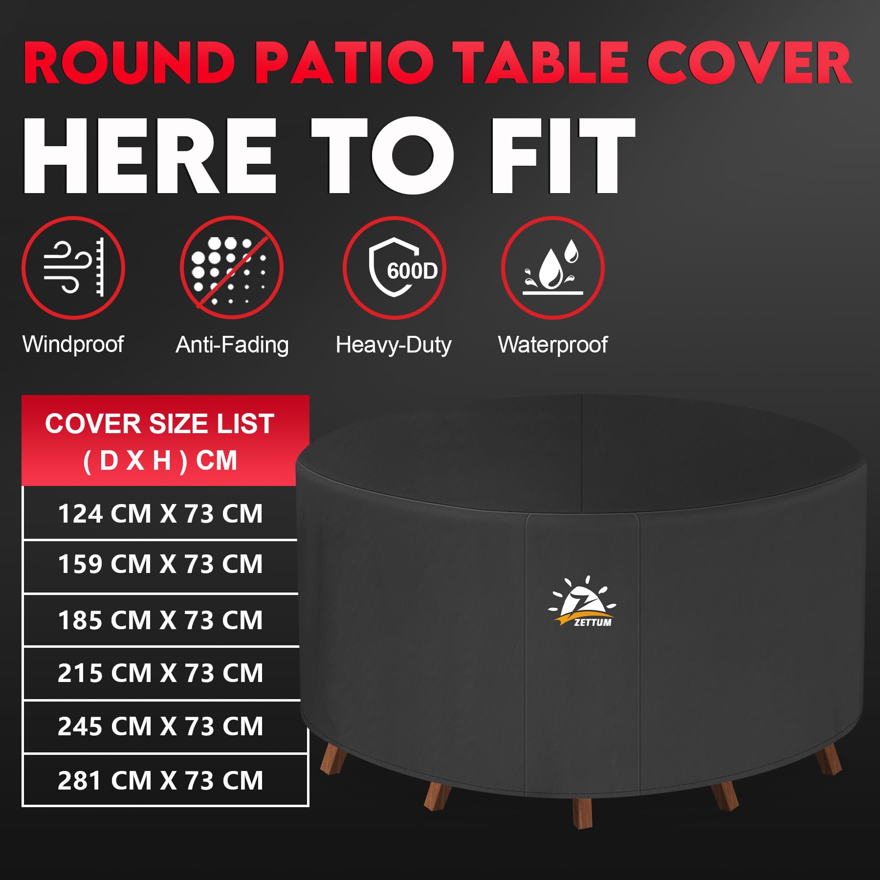 Zettum ?245x73cm Outdoor Furniture Covers Waterproof Round, Heavy Duty 600D Rattan Garden Furniture Covers Ideal for Large Patio Rattan Table & Chairs