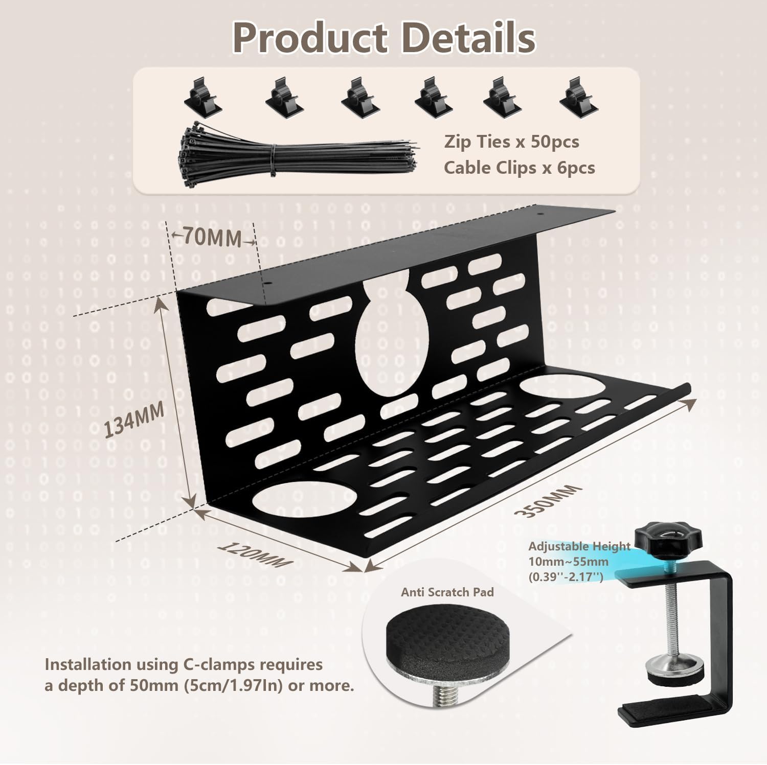 Viakty Under Desk Cable Management Organiser, 1 Pack, 35 x 13.4 x 12 cm, No Drill, Black