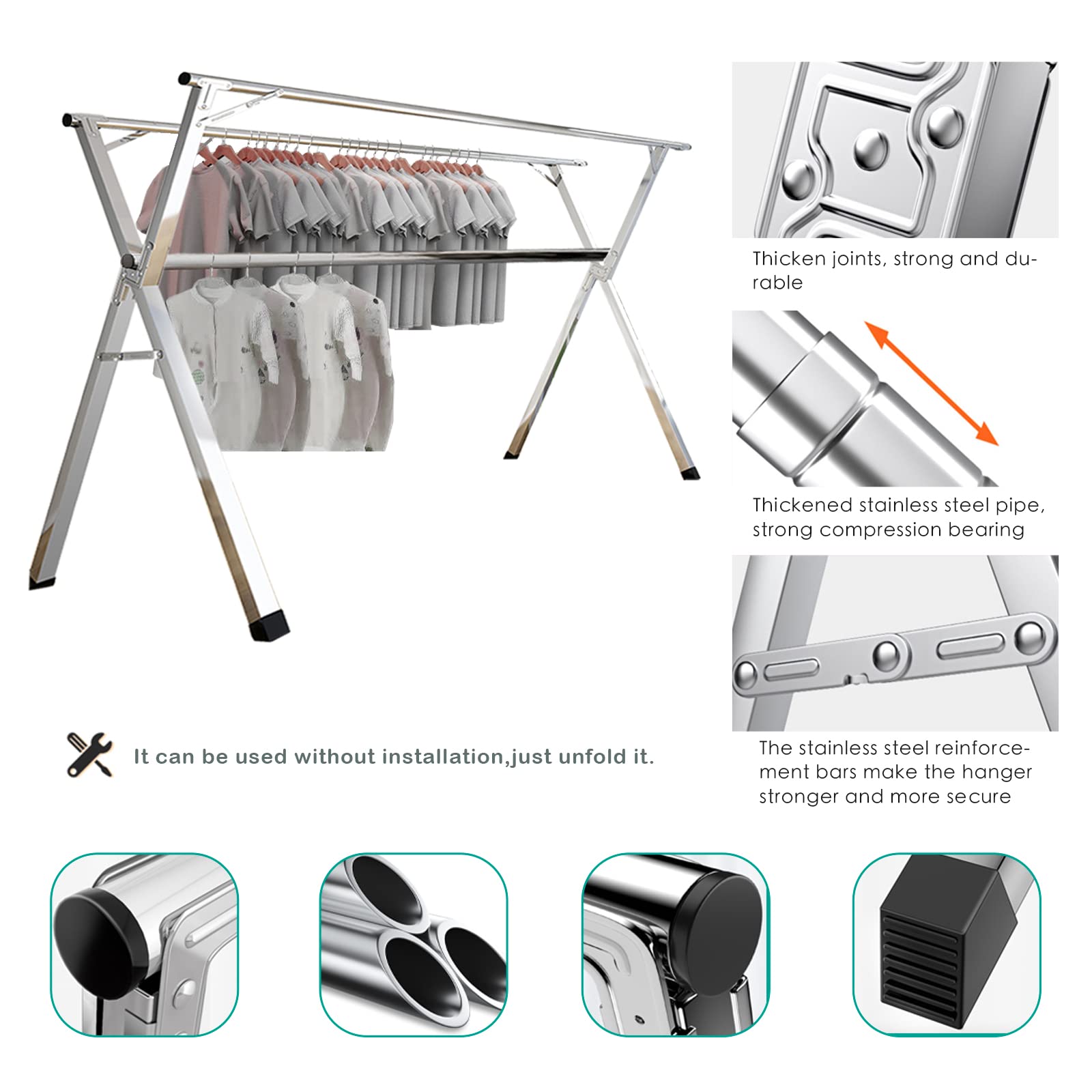 AIODE Clothes Drying Rack for Laundry Foldable, 94.5 inch Stainless Steel Pool Towel Rack Outdoor Free Standing Clothing Hanger Indoor