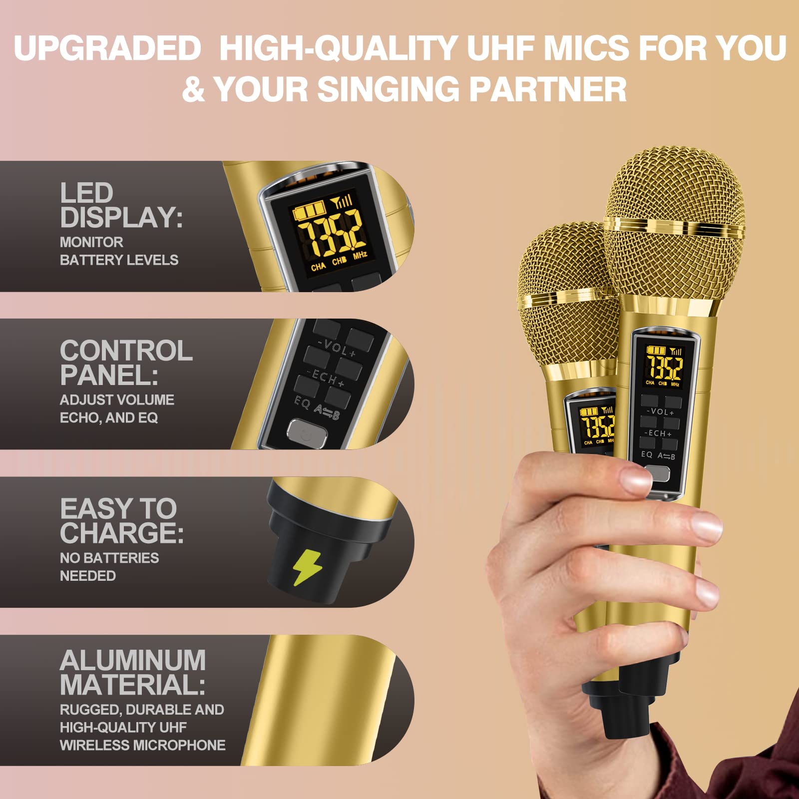 Upgrade Karaoke Machine for Adults and Kids,Portable Bluetooth 2 UHF Wireless Karaoke Microphone with Holder/USB/TF Card/AUX-in,PA Speaker System for Home Party, Picnic,Car,Outdoor/Indoor-Grey