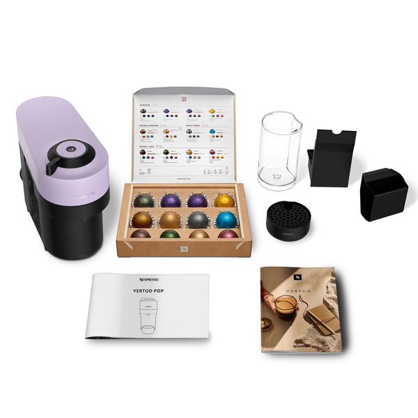 Nespresso Coffee Machine Barista Bundle includes Vertuo Pop White by Krups, Milk Frother, 2x Mugs, 2 x spoons, Melozio coffee pods & Chiaro coffee pods