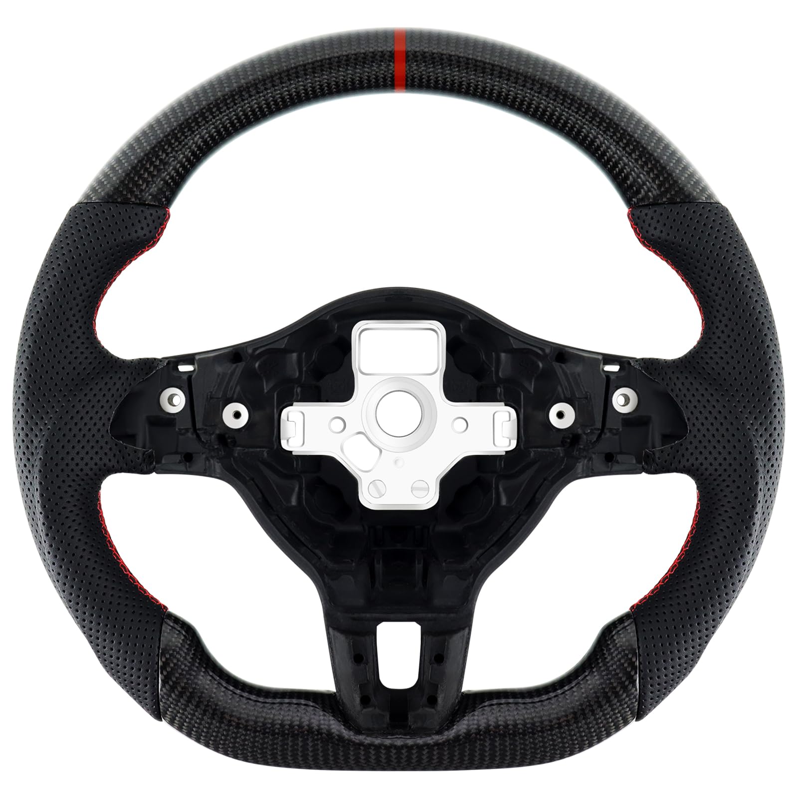 Acclcors Carbon Fiber Steering Wheel, D-Shaped Flat-Bottomed Steering Wheel with Red Stitching, Perforated Leather Grip for VW Volkswagen Golf MK6 2008-2014