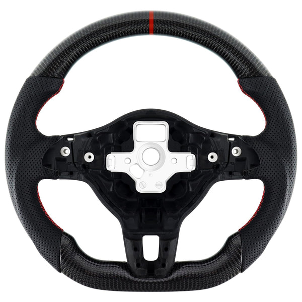 Acclcors Carbon Fiber Steering Wheel, D-Shaped Flat-Bottomed Steering Wheel with Red Stitching, Perforated Leather Grip for VW Volkswagen Golf MK6 2008-2014