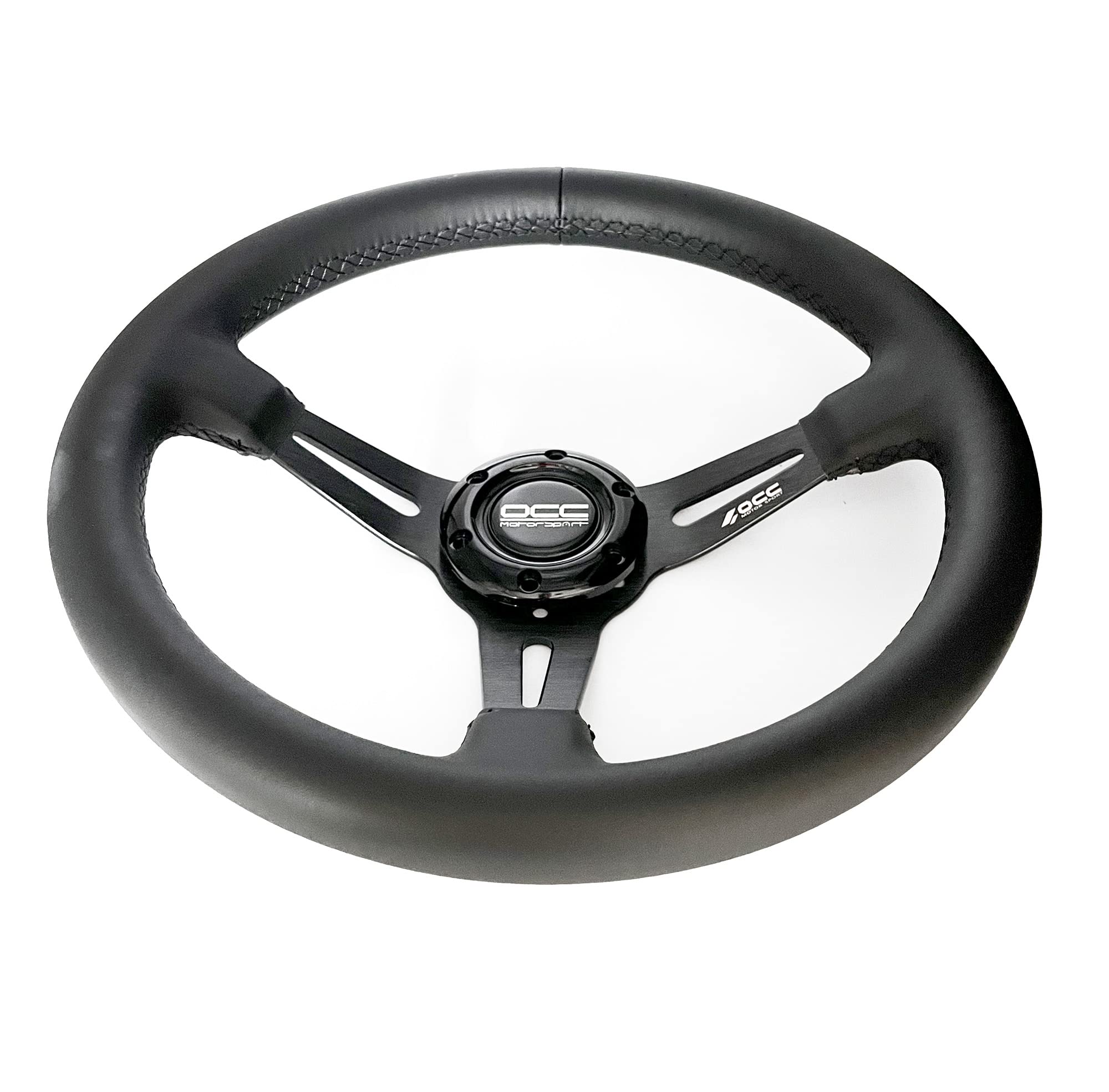 OCC MOTORSPORT OFFSET STEERING WHEEL CLASSIC MODEL PERFORATED LEATHER WITH BLACK ARMS - 90 MM FULL DISH WHEEL - 350MM (14 INCH)