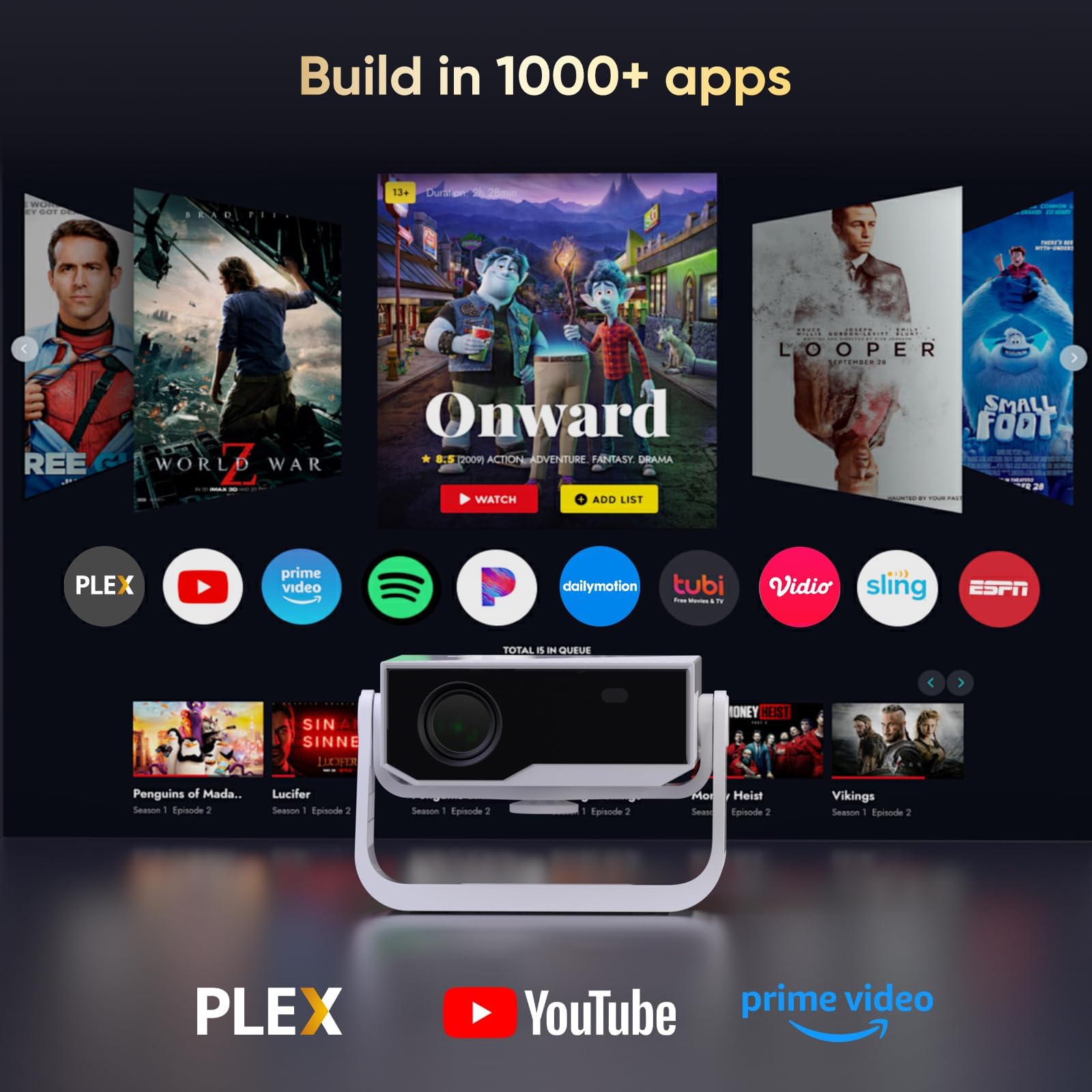 2025 Ultra Smart Projector Built-in Apps, 32000 Lumens,Full HD 4K Supported, WiFi 6 & Bluetooth 5.2, Low Fan Noise (<29.8dB), Auto Keystone, Portable Movie Projector for IOS/Android/PS5