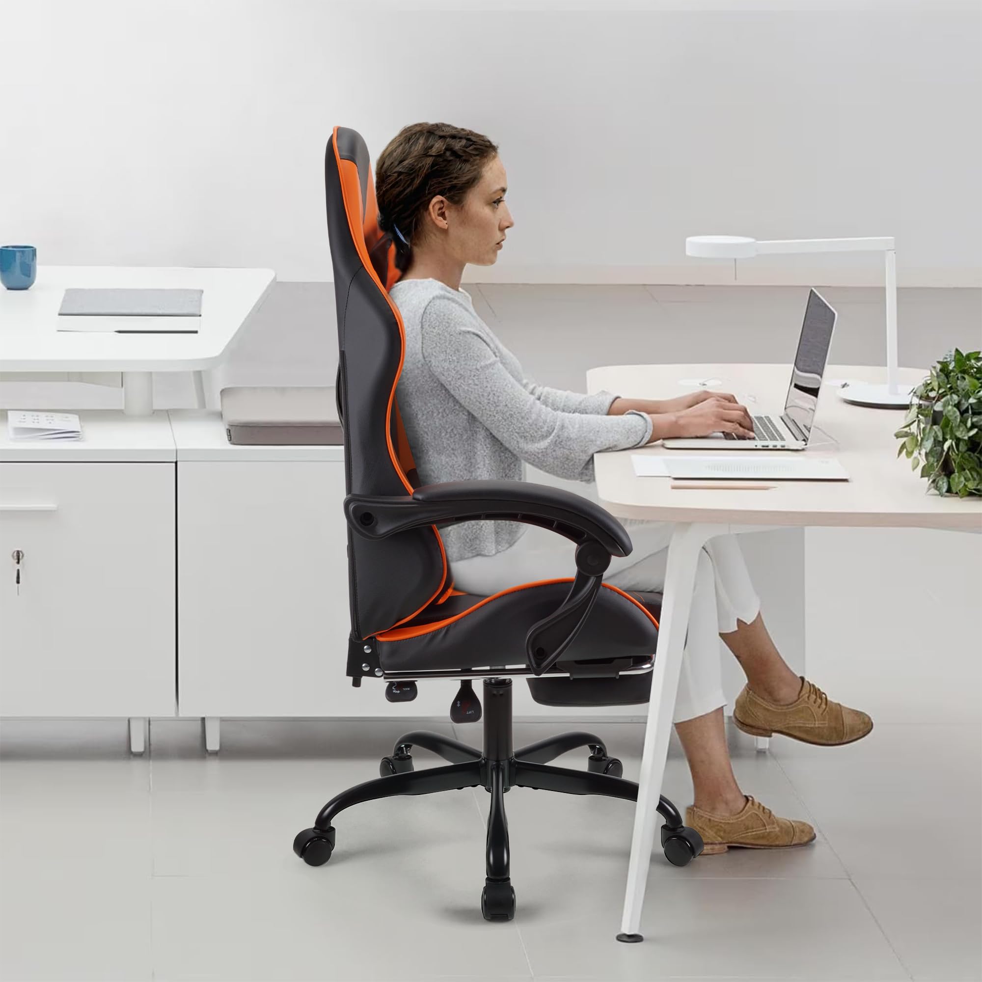 Play haha.Ergonomic reclining seat with footrest adjustable headrest and lumbar cushion high back support padded armrests PU leather finish for gaming home or office use