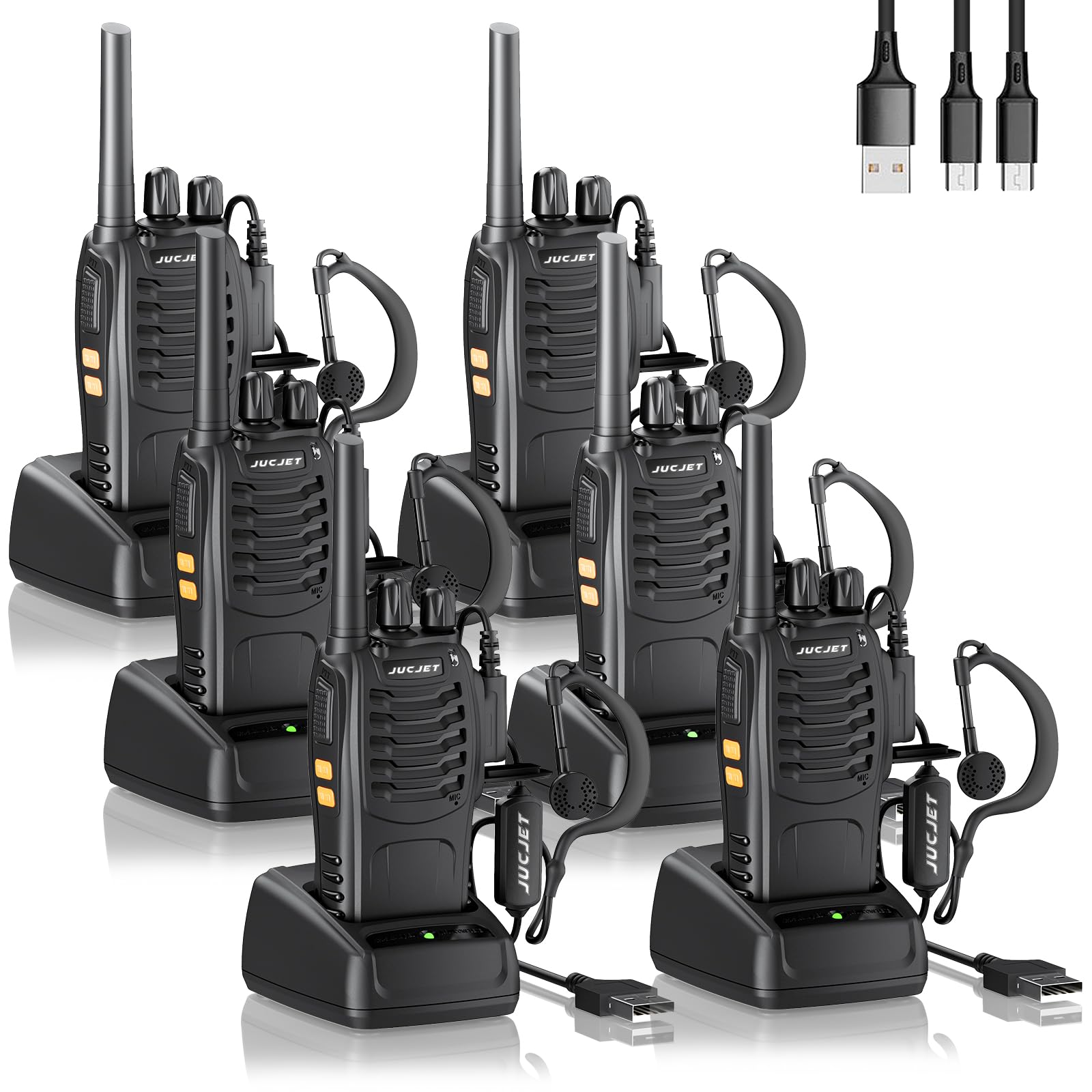 JUCJET Walkie Talkies 2023 Upgraded 88E Walkie Talkie Long Range for Adults with Earpieces, 16 Channel Handheld 2 Way Radio Rechargeable with Flashlight Li-ion Battery and Charger(4 Pack)