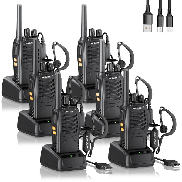JUCJET Walkie Talkies 2023 Upgraded 88E Walkie Talkie Long Range for Adults with Earpieces, 16 Channel Handheld 2 Way Radio Rechargeable with Flashlight Li-ion Battery and Charger(4 Pack)