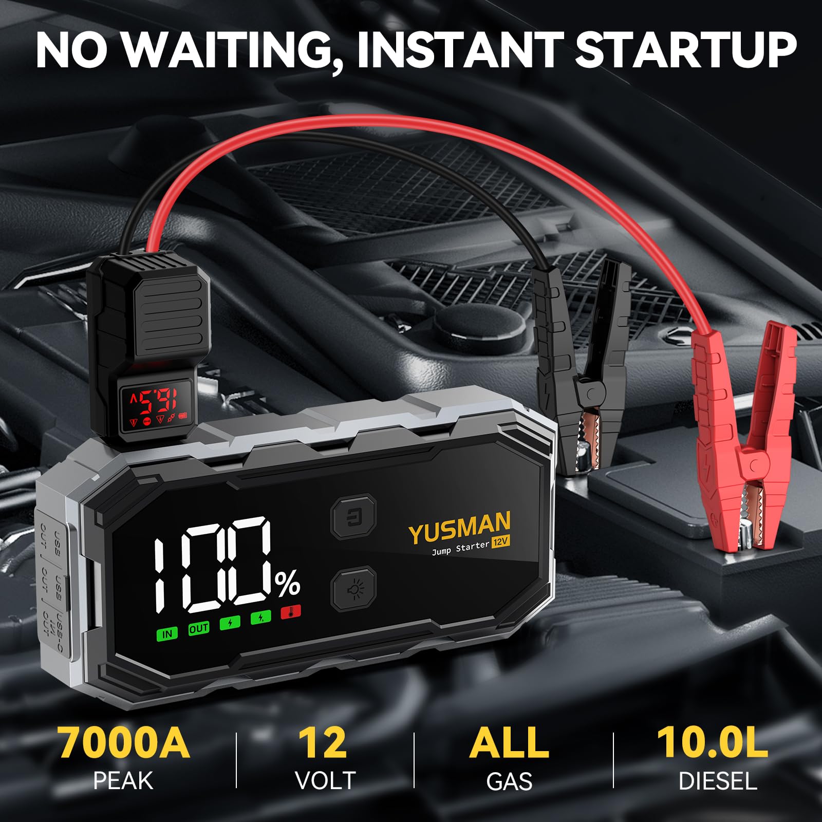 Jump Starter Power Pack, 12V Car Battery Booster, 5000A Portable Battery Pack (7.0 Gas/5.0L Diesel), Portable Jump Starter with Extended Smart Jump Cables, 3-Mode Lights