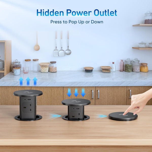 Pop up Socket, Pop up Sockets for Kitchen Worktops Automatic Pop up Power Outlet with 15W Wireless Charger, 7 in 1 Pop up Outlet for Desk Countertops, 4 * AC Outlet, 1 * USB-A, 1 * USB C