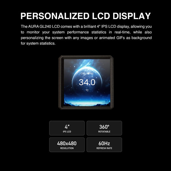 GAMDIAS AURA GL240 LCD 240mm AIO Liquid CPU Cooler, Customizable 4'' IPS LCD Display, Cableless Daisy Chained Fan, Software Ready, Support Low-Noise PWM & ARGB Sync, Intel LGA 1851/1700；AMD AM5, Black
