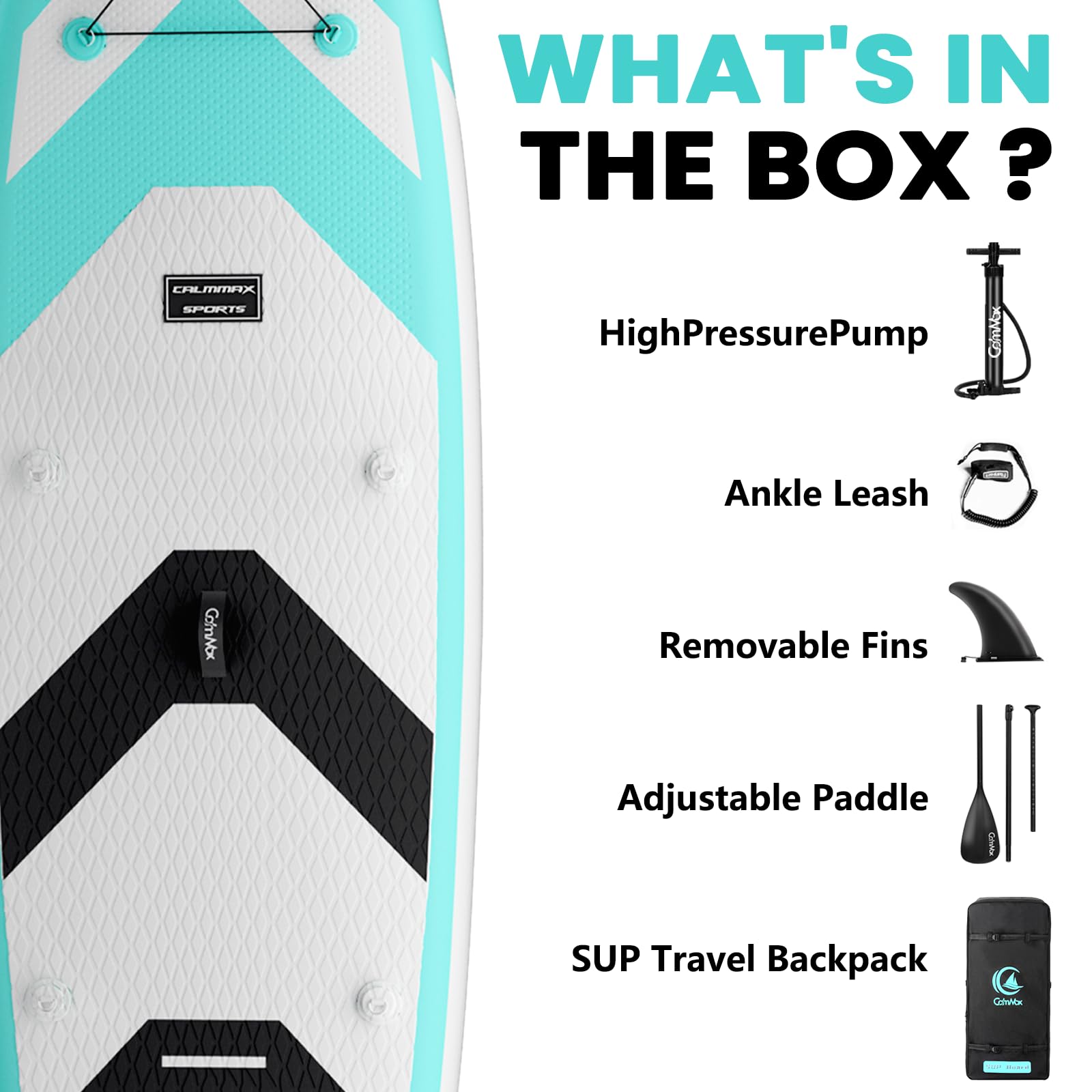 CalmMax Inflatable Stand Up Paddle Board 10'6"×32"×6" SUP Package with Non-Slip Deck, Pump, Paddle, Leash, Waterproof Backpack for Youth & Adult