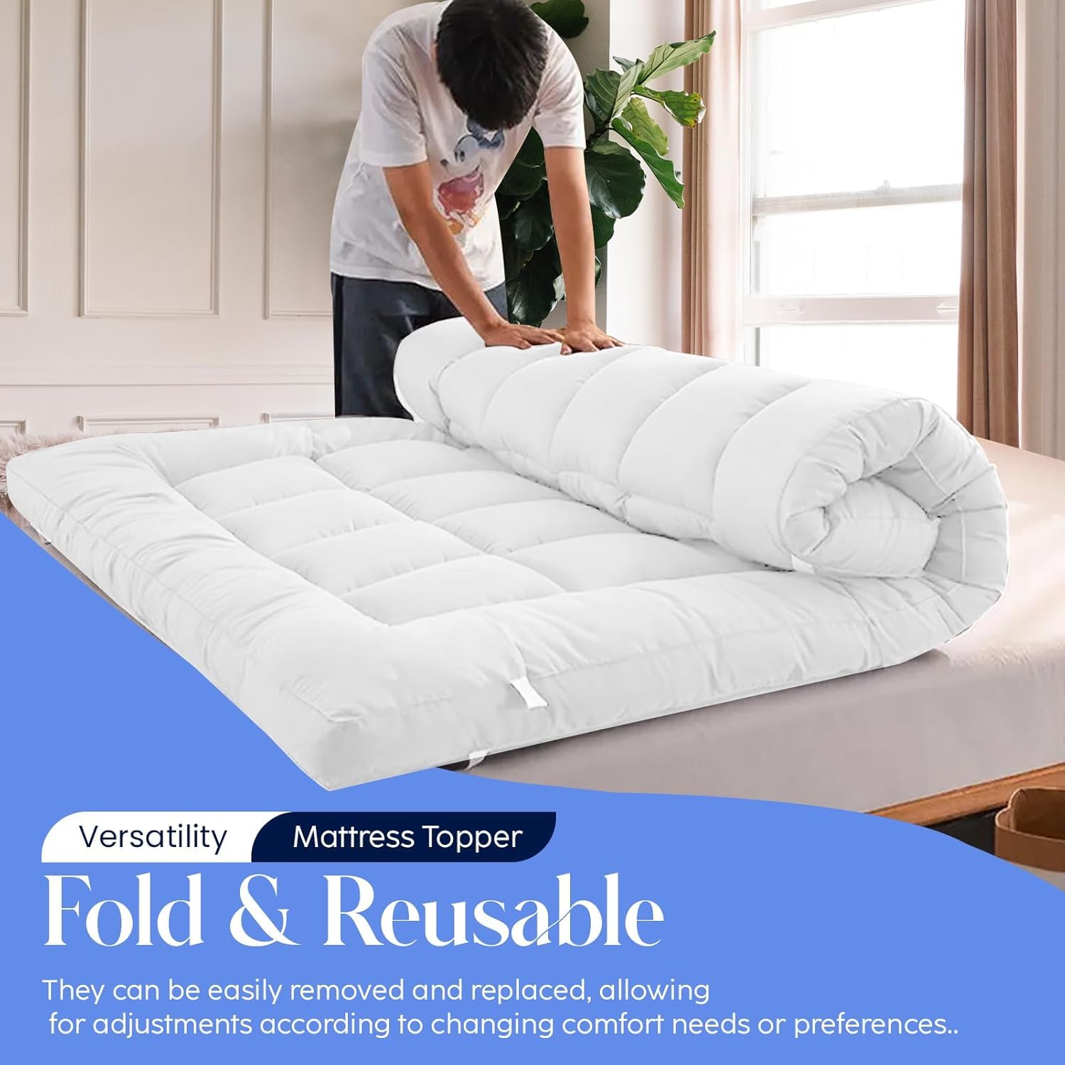 Mattress Topper Double Bed - 10CM Extra Thick Double Mattress Topper - 1000GSM Filling Fiber - Luxurious Comfort, Hypoallergenic, Elastic Straps Deep Pocket Thick