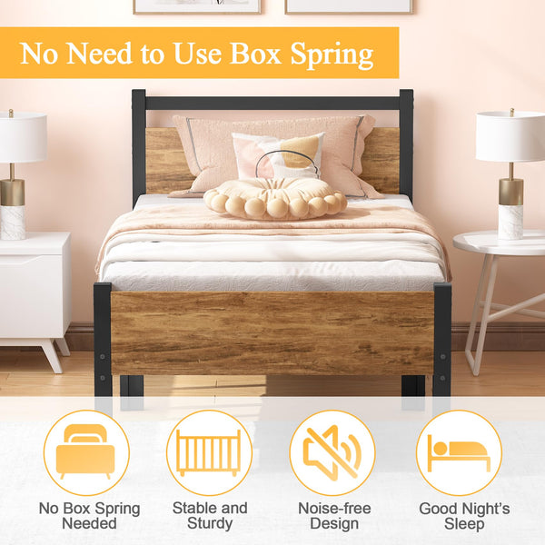 Yornoli Single Bed Frames with Wood Headboard 31.5cm Metal Platform Bed Frame with Storage Sturdy Non-Slip Without Noise No Box Spring Needed Black &