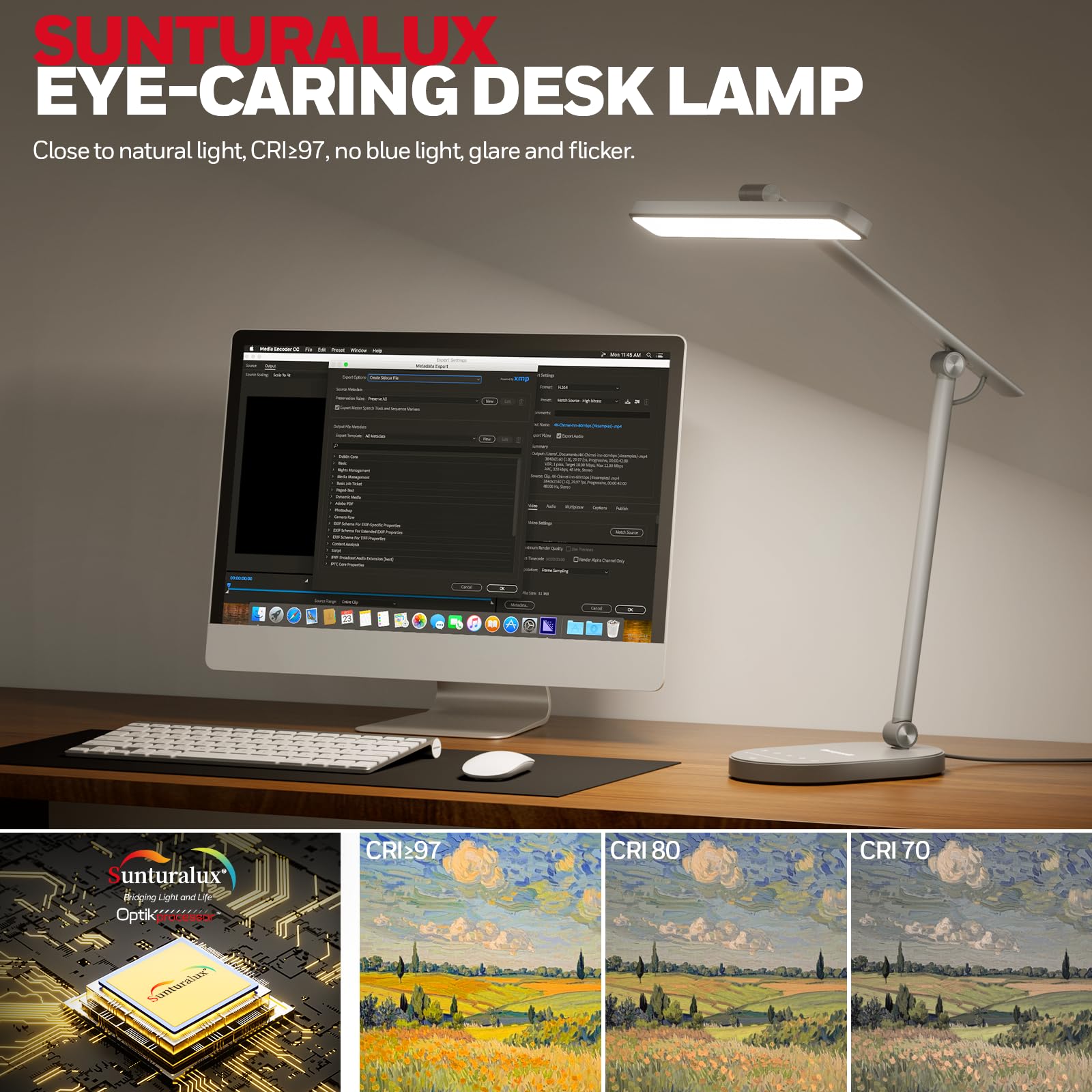 Honeywell LED Desk Lamp for Home Office - H4 Sunturalux™ Eye-Caring Desk Light, 14W Dimmable Table Lamp with 3 Color Modes, 5 Brightness Levels, Auto-Dimming, Timer, Touch Control Reading Lamp, White