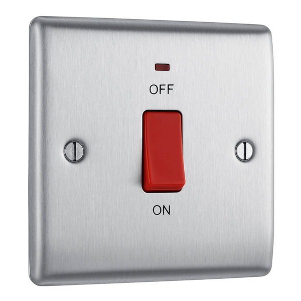 BG Electrical Cooker Switch with Socket and LED, Cooker Control Unit, Control Socket, Double Pole, Raised Profile, Round Edges, Nexus Metal, Brushed Steel, Grey Inserts, 45A, NBS70G