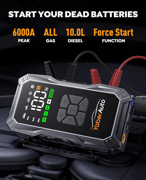 Jump Starter Power Pack with Air Compressor, YaberAuto 6000A Portable Car Battery Booster (All Petrol/10L Diesel), 12V Car Jump Starter Power Bank with Jump Leads, LCD Screen, Emergency Light