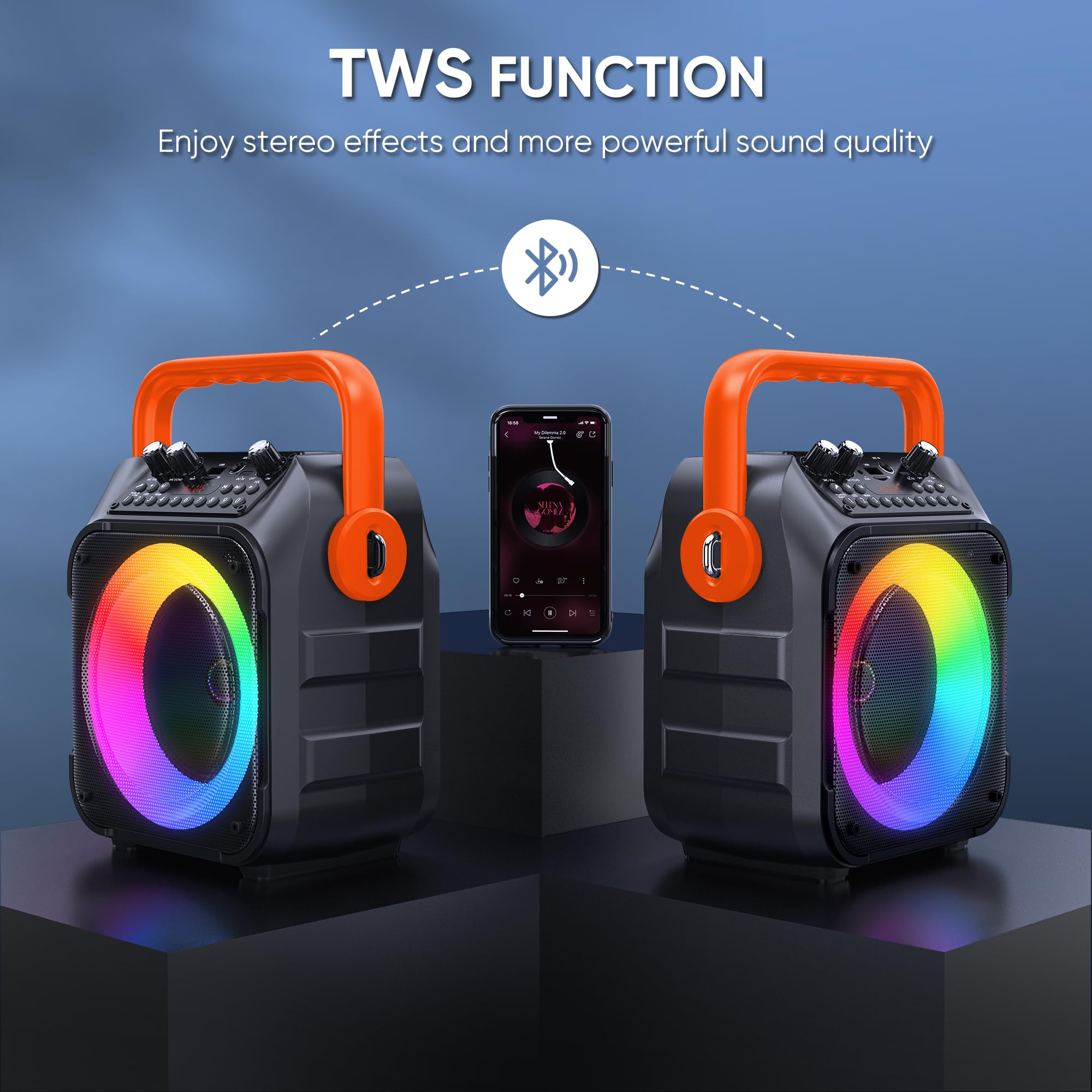 Karaoke Machine with Two Wireless Microphones, Portable Karaoke Machine for Adults & Kids, Portable Bluetooth Speaker with PA System, LED Lights, Supports TF Card/USB, AUX in, FM, USB,TWS (Black)