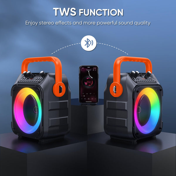 Karaoke Machine with Two Wireless Microphones, Portable Karaoke Machine for Adults & Kids, Portable Bluetooth Speaker with PA System, LED Lights, Supports TF Card/USB, AUX in, FM, USB,TWS (Black)