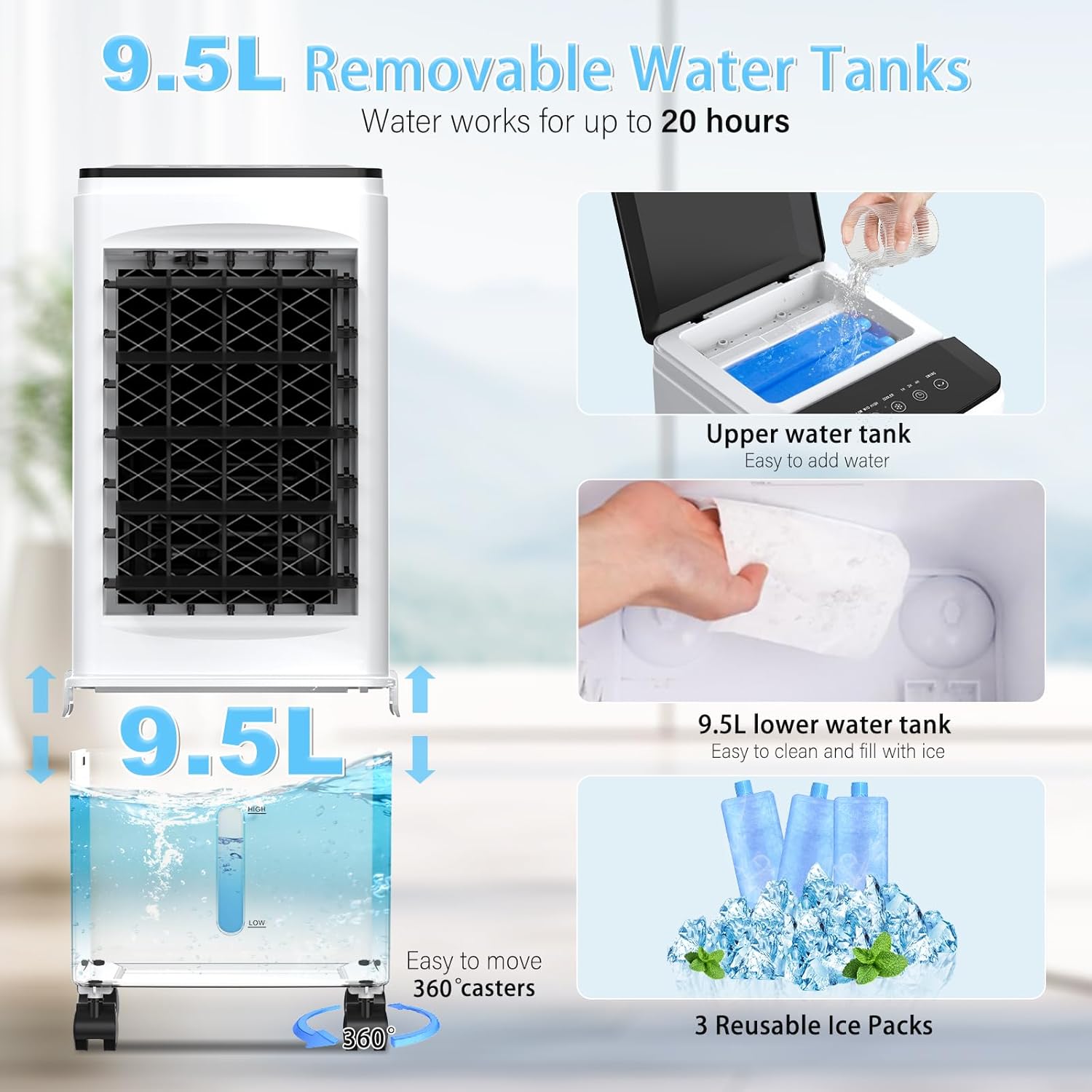 Bidiowe Mobile Air Conditioners, 9.5L AC Unit Tank 60W Evaporative Air Cooler Automatic Light Off 60°/120° Oscillation 3 Modes 7H Timer Remote Control 3 Ice Box Quiet Cooling Fan for Home, Office