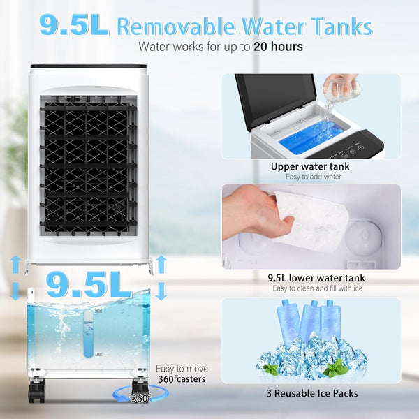 Bidiowe Mobile Air Conditioners, 9.5L AC Unit Tank 60W Evaporative Air Cooler Automatic Light Off 60°/120° Oscillation 3 Modes 7H Timer Remote Control 3 Ice Box Quiet Cooling Fan for Home, Office
