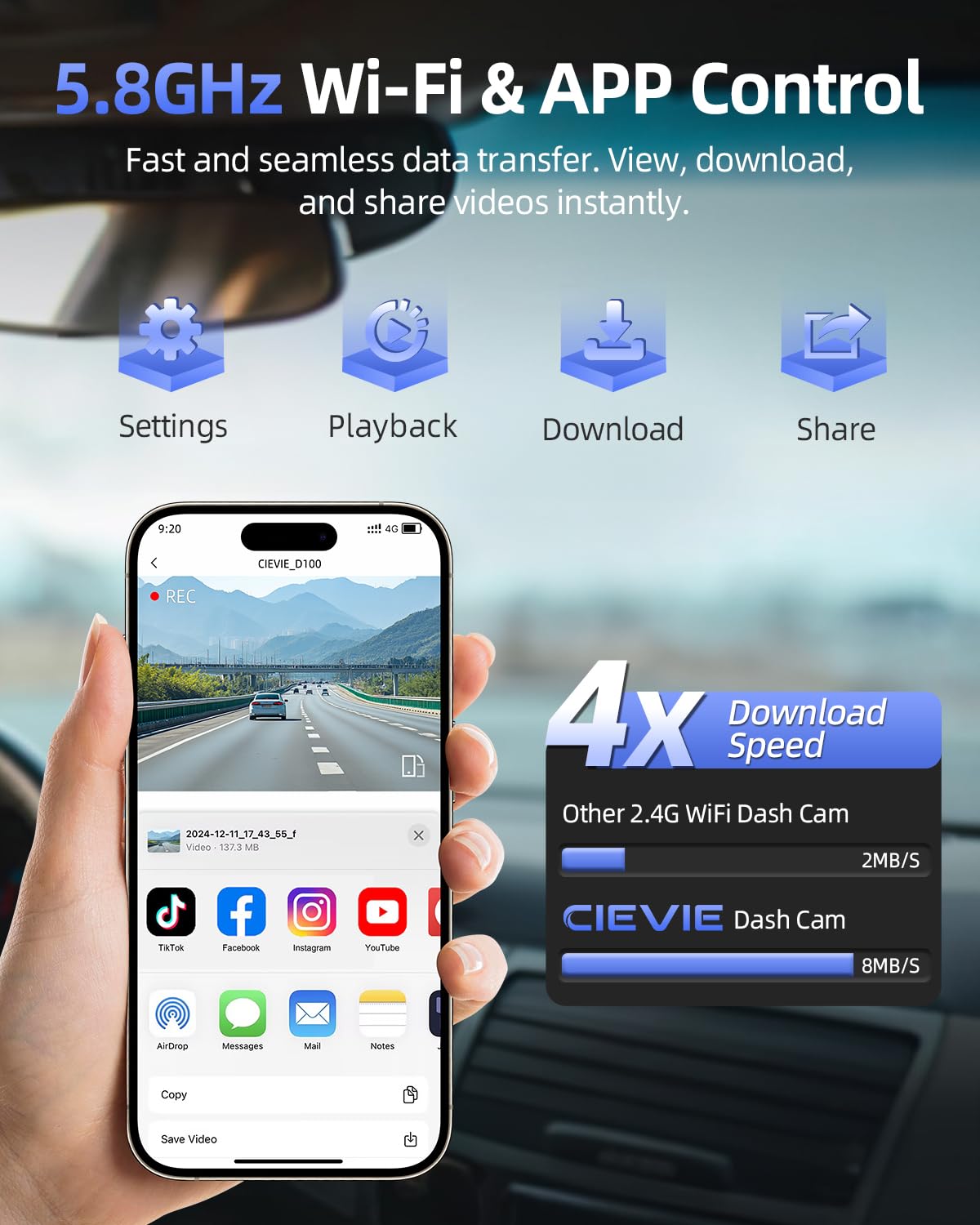 CIEVIE Dash Cam Front and Rear, 4K Dashcam with 64GB SD Card for Cars, 1.5’’IPS Dual Car Camera with 5Ghz Wi-Fi, 24/7 Parking Mode, G-Sensor, Night Vision, 170° Wide Angle, Loop Recording, App Control