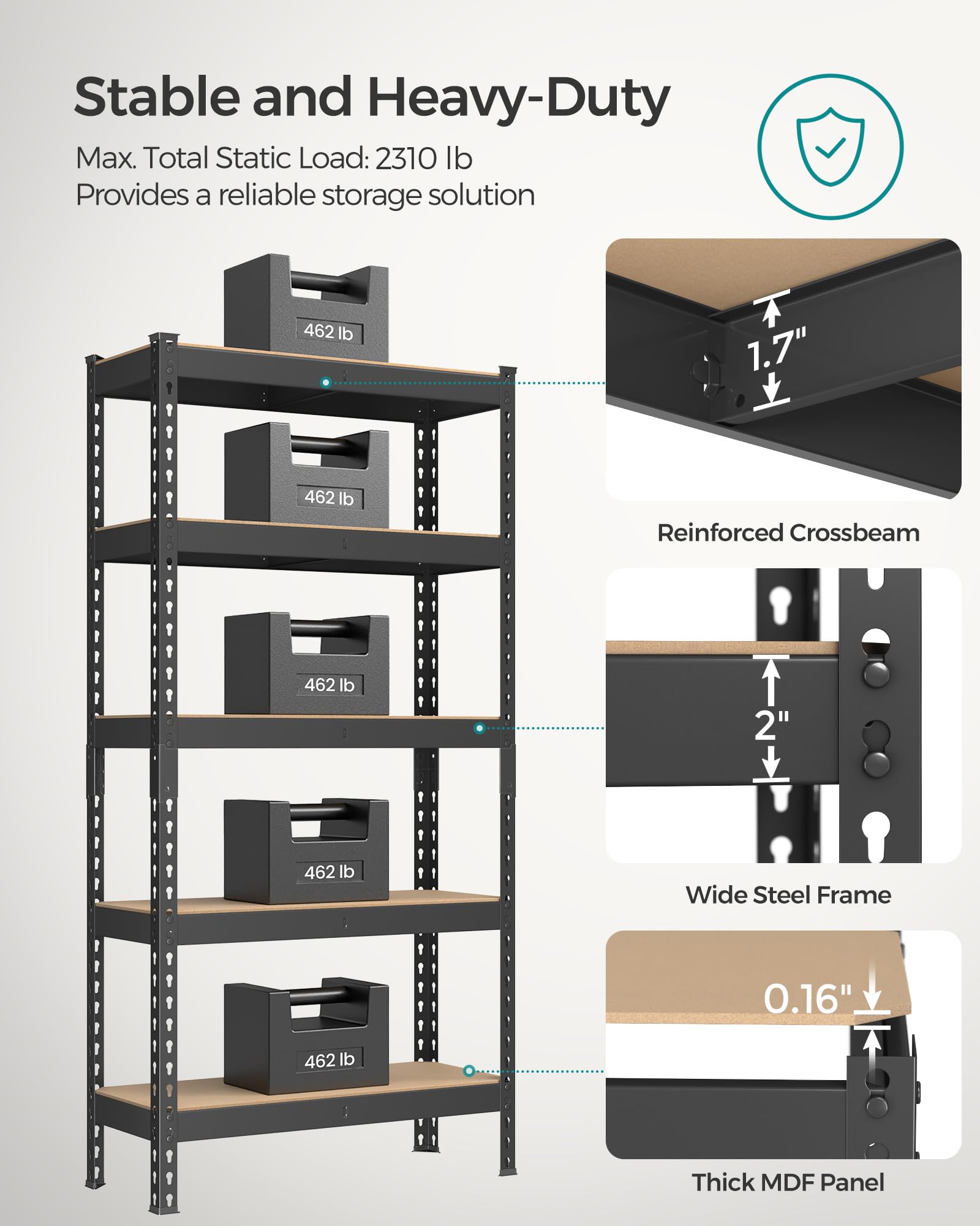 SONGMICS 5-Tier Shelving Unit, Storage Shelves, for Garage, Boltless Assembly, Adjustable Shelves, 30 x 75 x 150 cm, Load 875 kg, for Shed Warehouse Basement Kitchen, Black GLR300B01