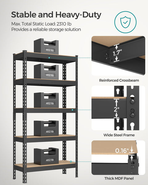 SONGMICS 5-Tier Shelving Unit, Storage Shelves, for Garage, Boltless Assembly, Adjustable Shelves, 30 x 75 x 150 cm, Load 875 kg, for Shed Warehouse Basement Kitchen, Black GLR300B01
