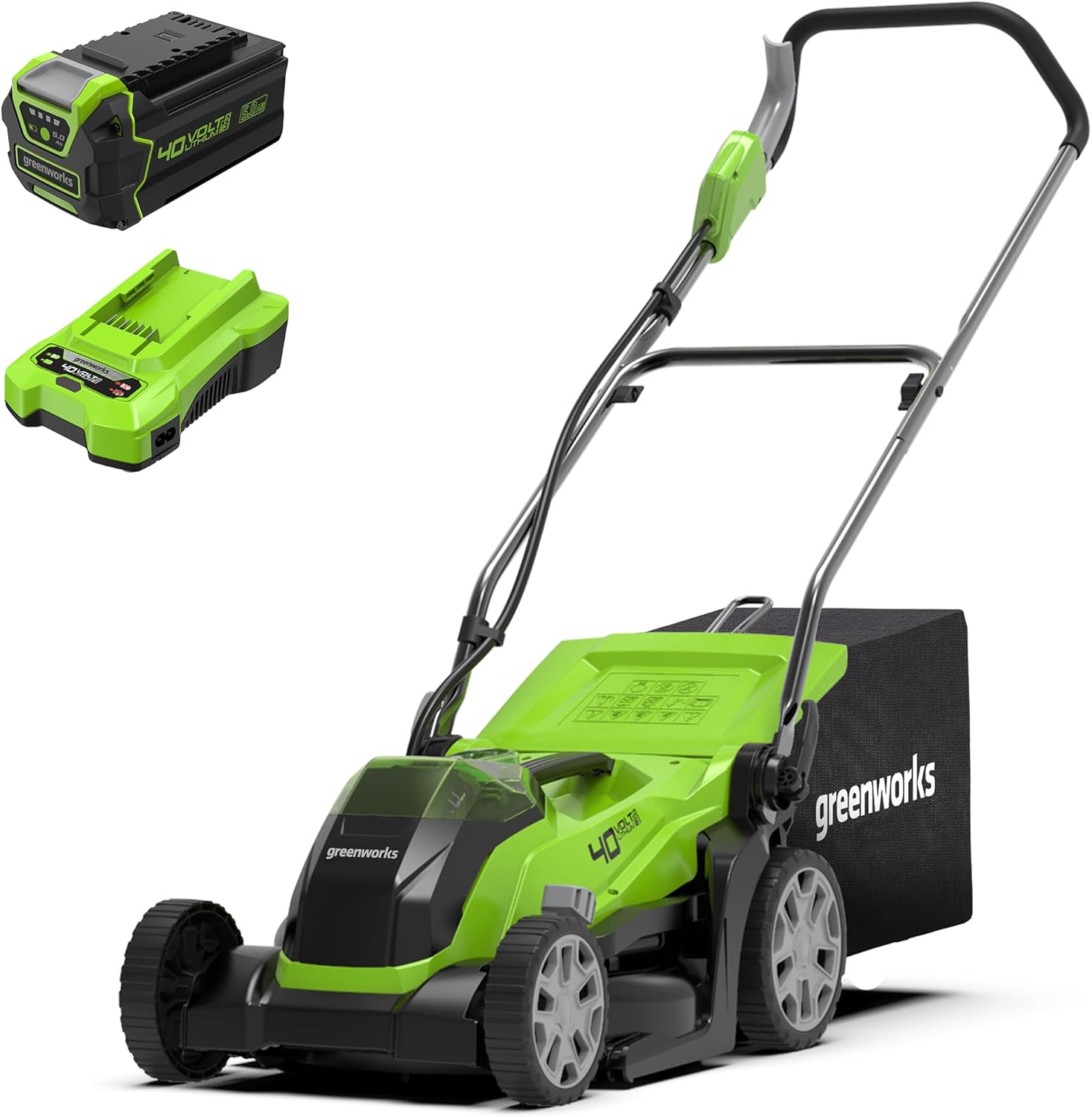 Greenworks 40V Cordless Lawnmower, 35cm Cutting Width,Bare Tool-G40LM35, + Greenworks 40V 5Ah Lithium-Ion Battery- G40B5 + Greenworks 40V 2A Universal Charger -G40C