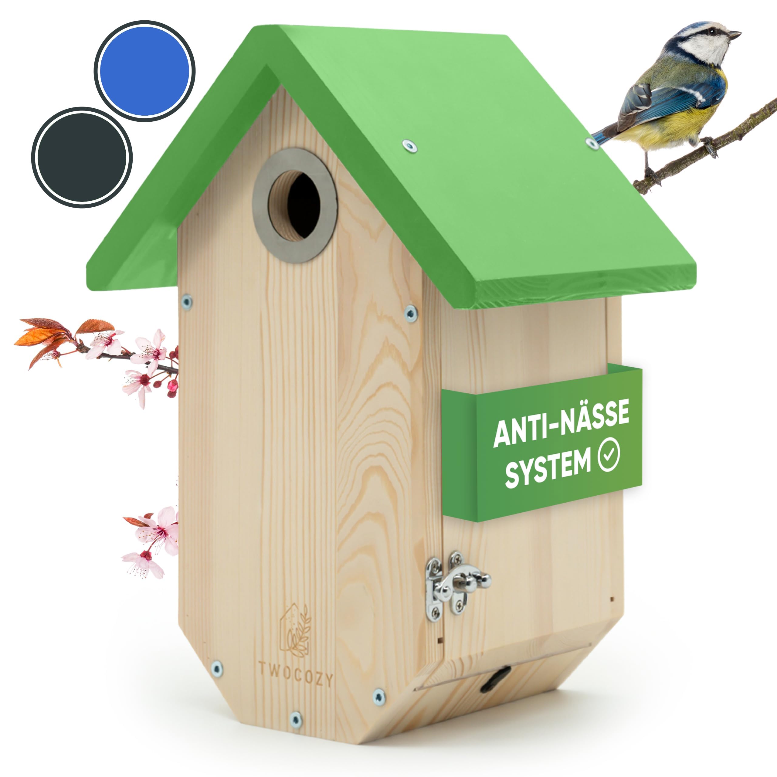 TWOCOZY Premium Nesting Box for Tits, Great Tits [Woodpecker Protection & Nest Protection], Weatherproof & Screwed, Dimensions NABU Compliant, Bird